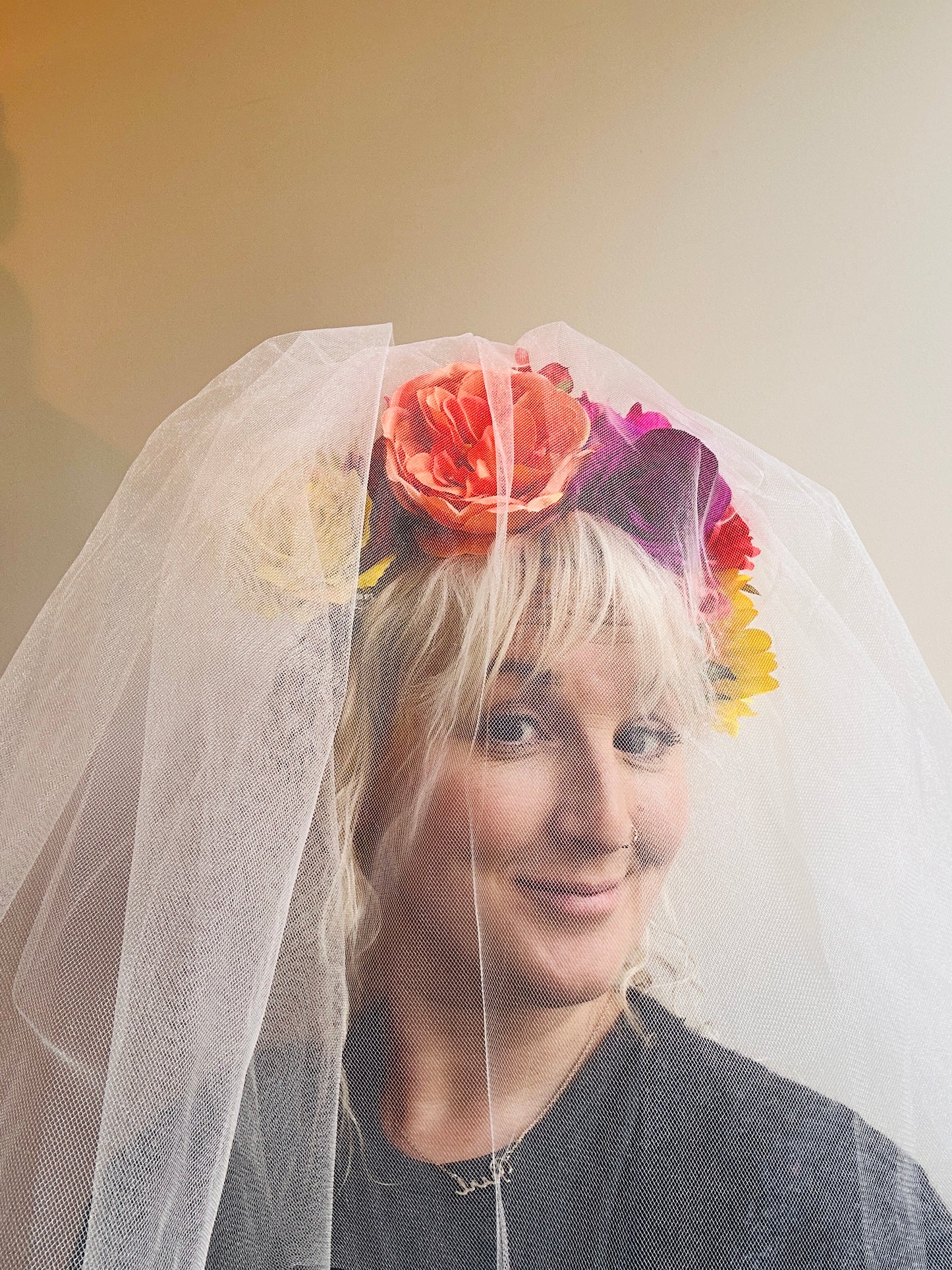 Hen do flower veil disco ball headband with lights! Handmade, sparkly white net, tulle, floral, bright, alternative, bridal, disco, festival