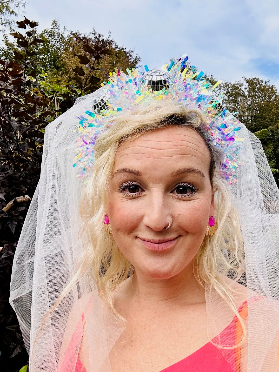 Hen do Disco Time headband! Veil, disco balls, bachelorette, party, bride, wedding, iridescent