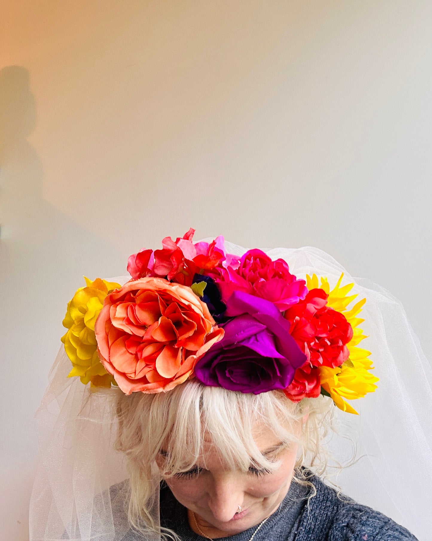 Hen do flower veil disco ball headband with lights! Handmade, sparkly white net, tulle, floral, bright, alternative, bridal, disco, festival