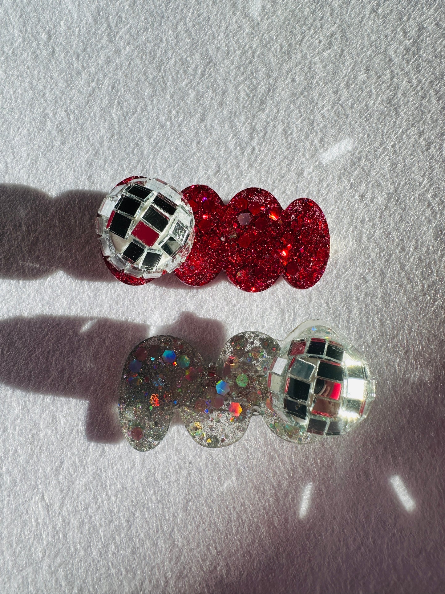 Glitter resin hair clips with mini disco balls, sparkly, holographic, Christmas