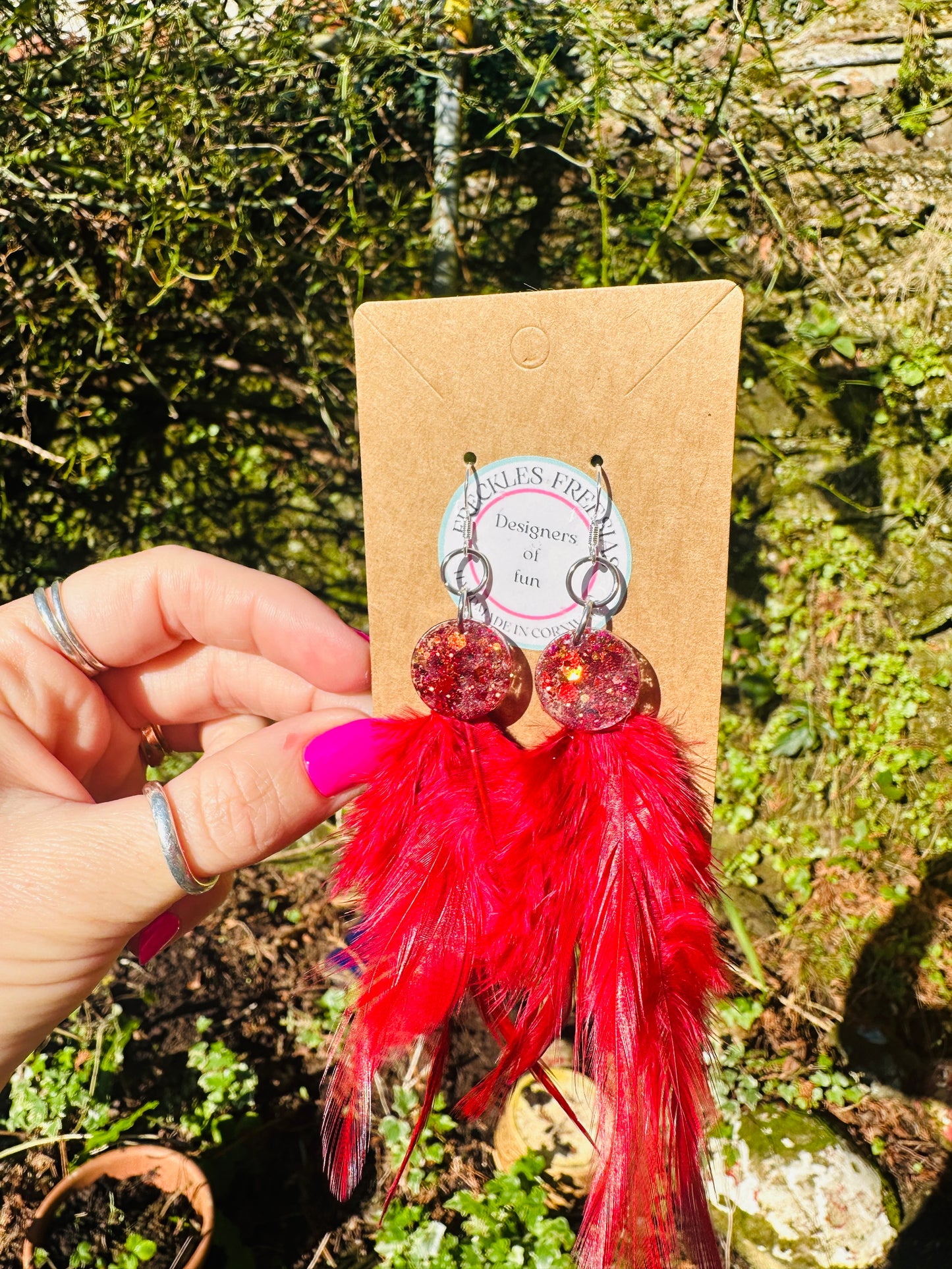Apollo resin and feather fire red handmade earrin