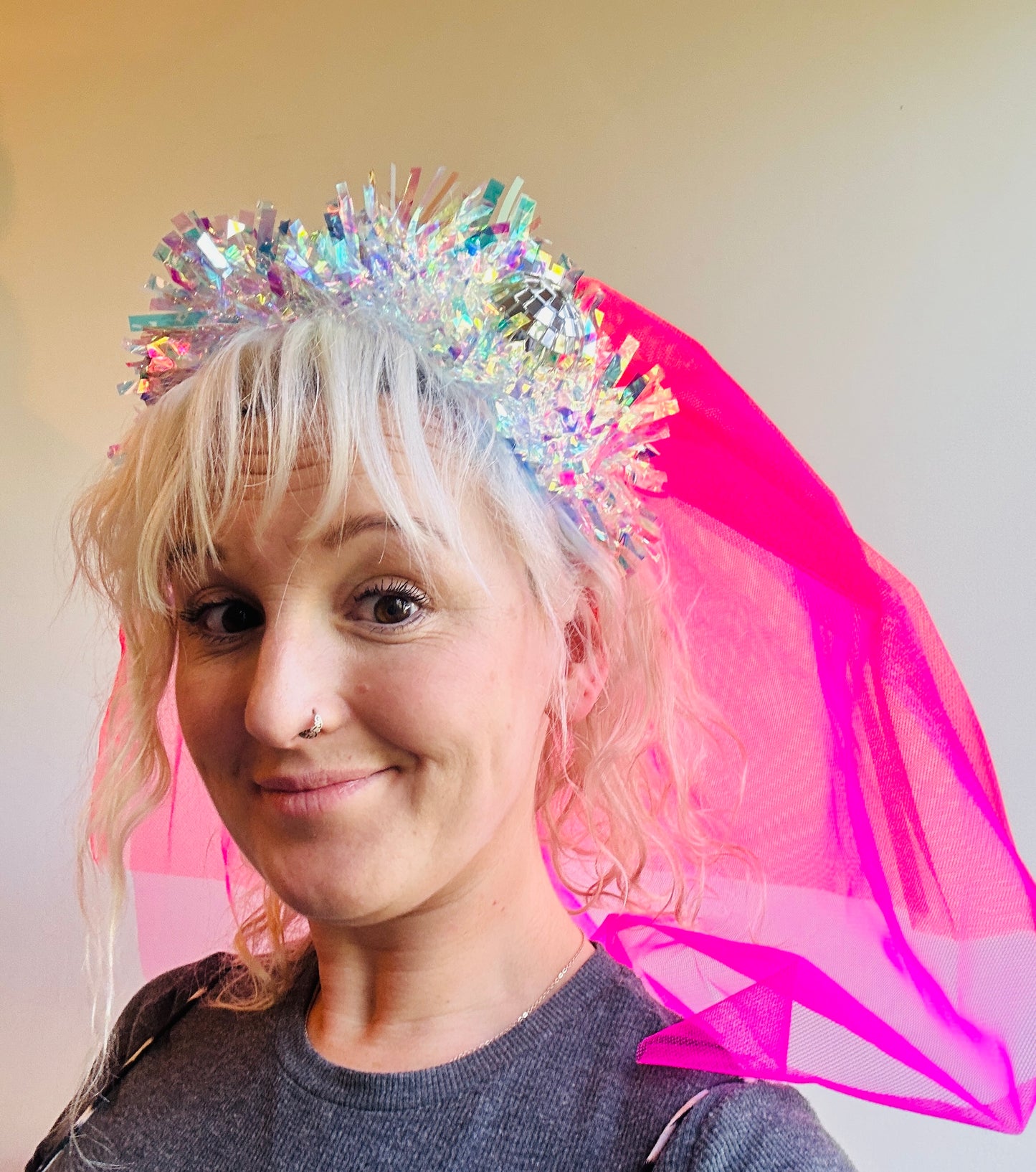 Hen do Disco Time headband! Veil, disco balls, bachelorette, party, bride, wedding, iridescent, bright, alternative, unconventional, glitter