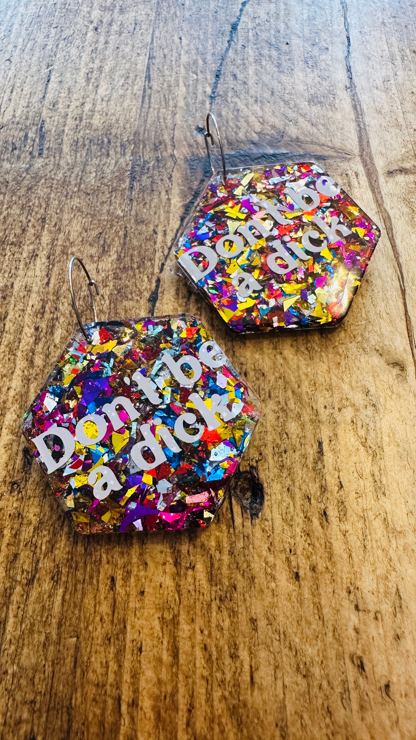 Handmade don’t be a d*ck earrings! Sterling silver, glitter, sparkle, rude, adult, mature, offensive, sweaty