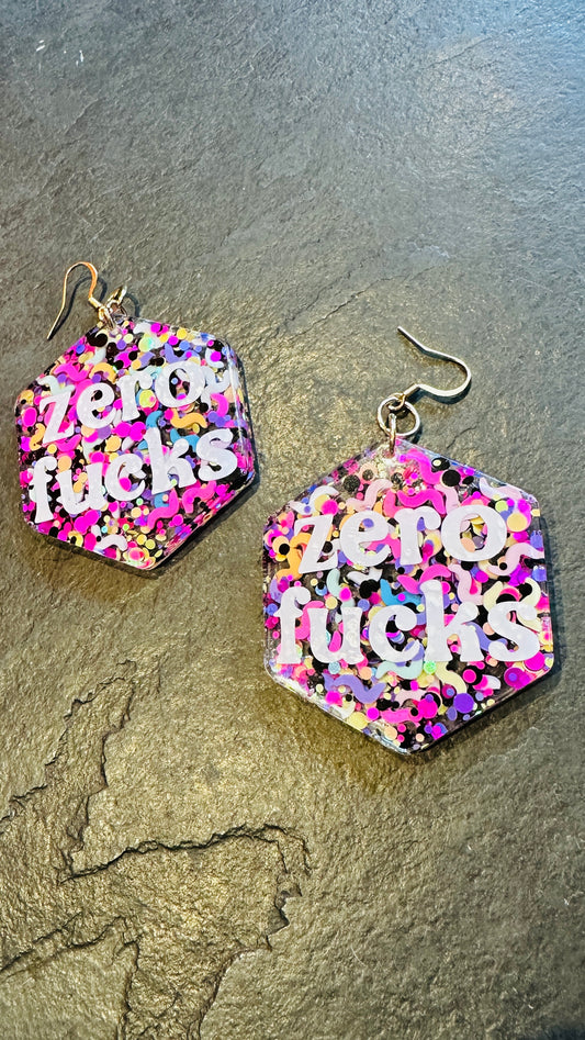 Zero f*cks earrings, slogan, resin, rude, sweary, mature, adult, glitter, silver