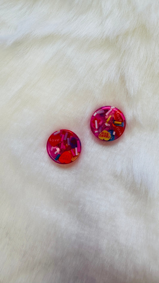 Handmade resin pink buttons with rainbow sprinkles and love hearts, fun, bright, children’s,   2cm, 20mm, 1cm, 15mm, 20mm, 25mm