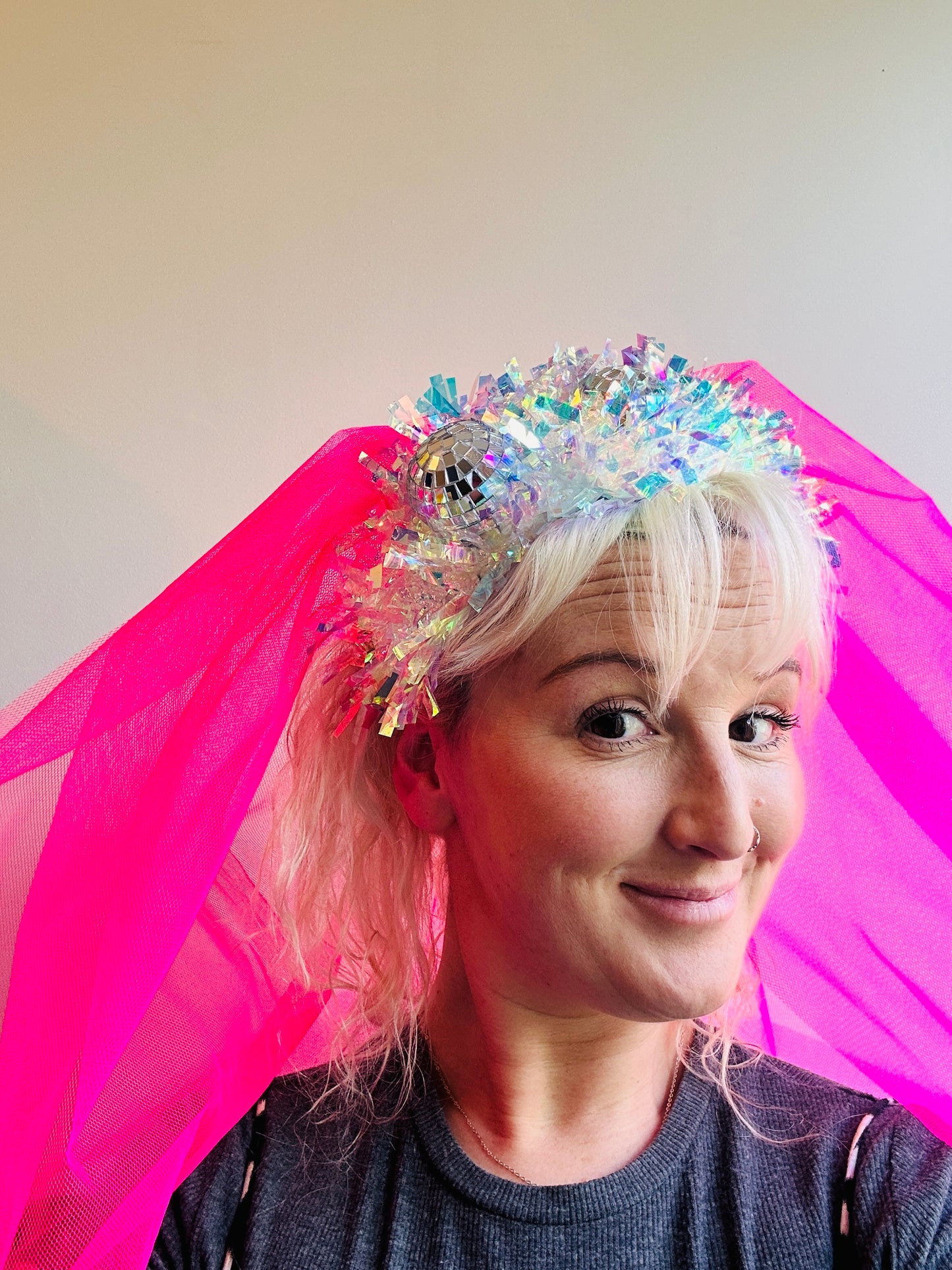 Hen do Disco Time headband! Veil, disco balls, bachelorette, party, bride, wedding, iridescent, bright, alternative, unconventional, glitter