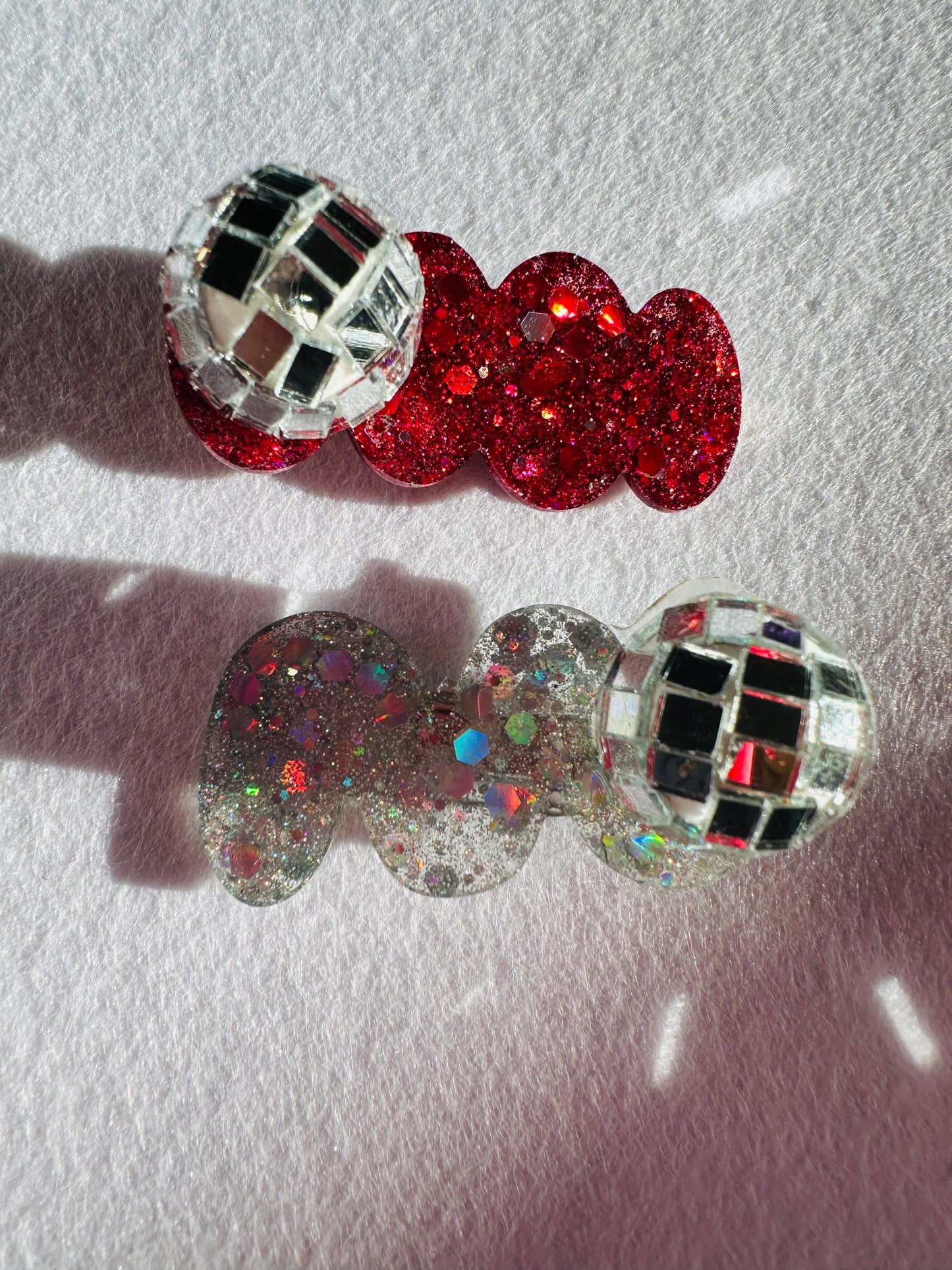 Glitter resin hair clips with mini disco balls, sparkly, holographic, Christmas