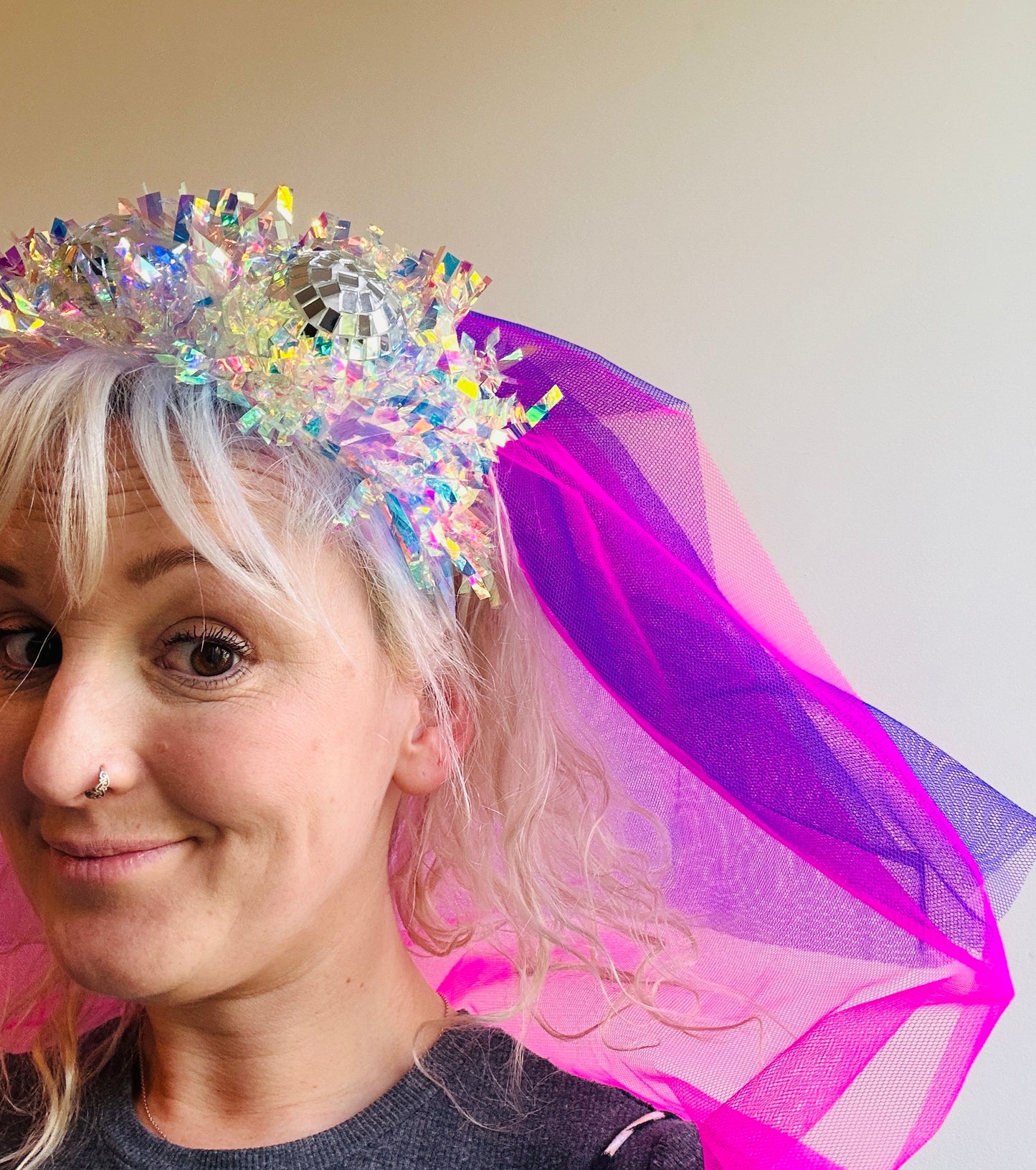 Hen do Disco Time headband! Veil, disco balls, bachelorette, party, bride, wedding, iridescent, bright, alternative, unconventional, glitter