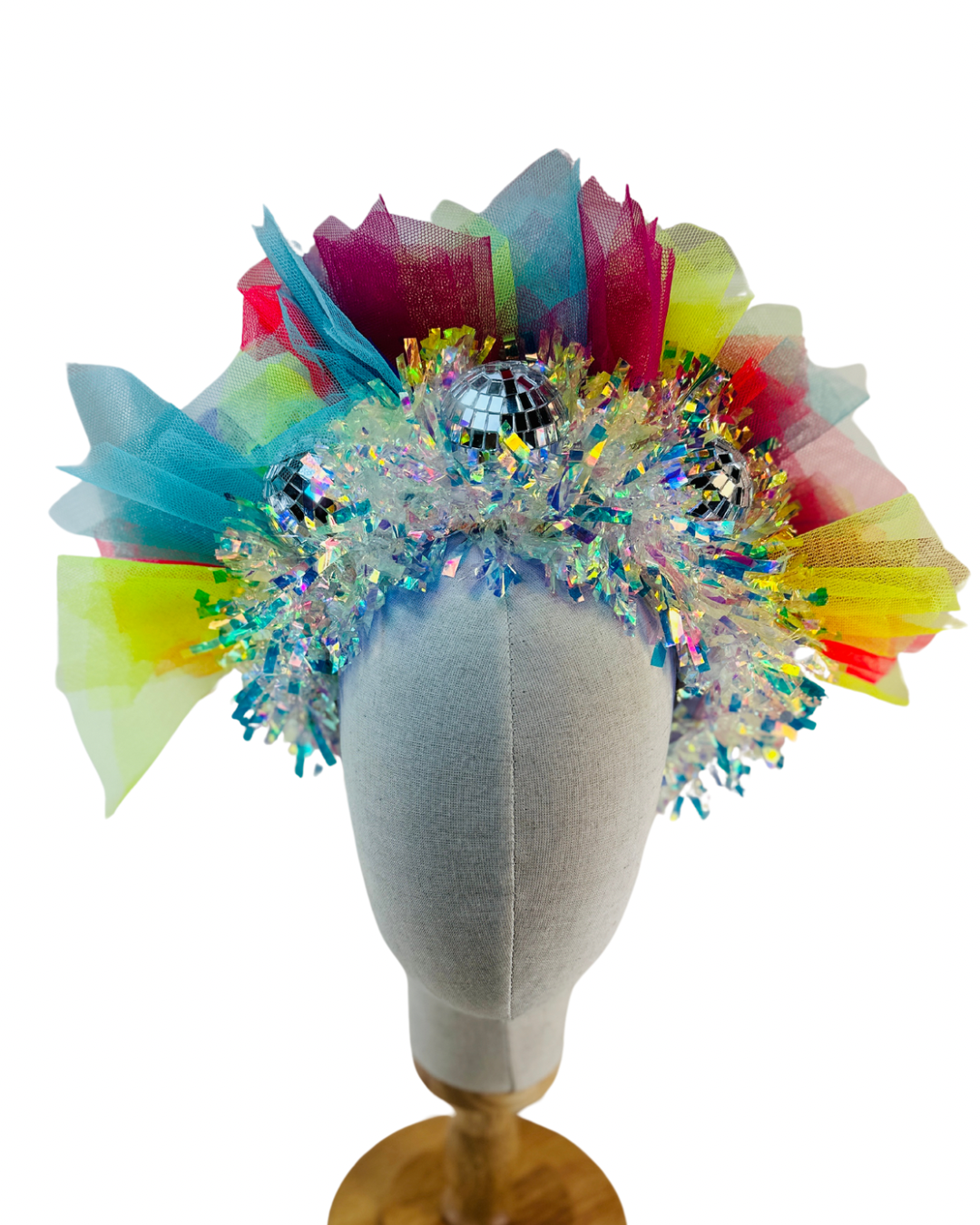 Disco ball net headband with iridescent sparkle - maroon, blue, red, yellow UV