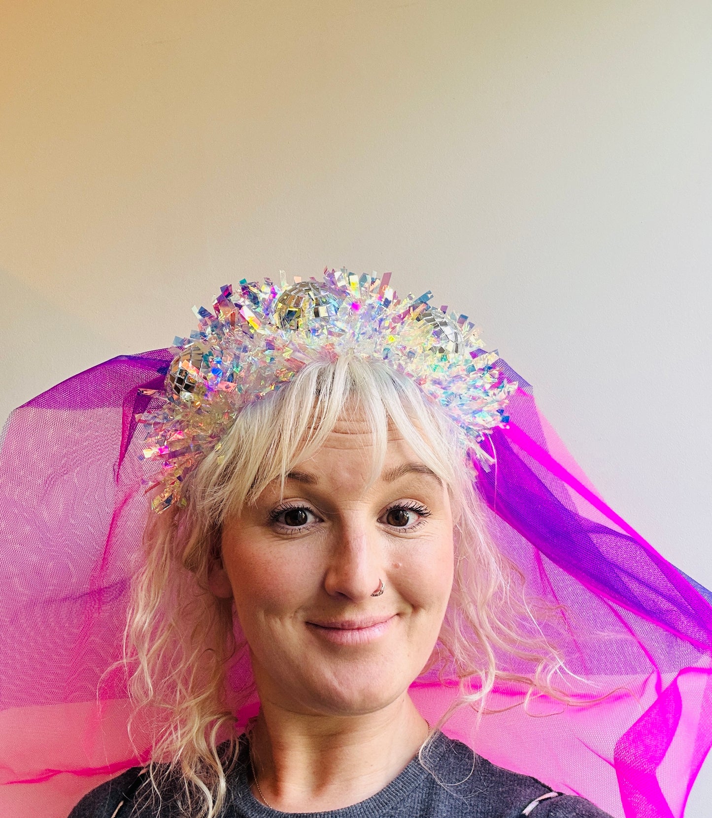 Hen do Disco Time headband! Veil, disco balls, bachelorette, party, bride, wedding, iridescent, bright, alternative, unconventional, glitter