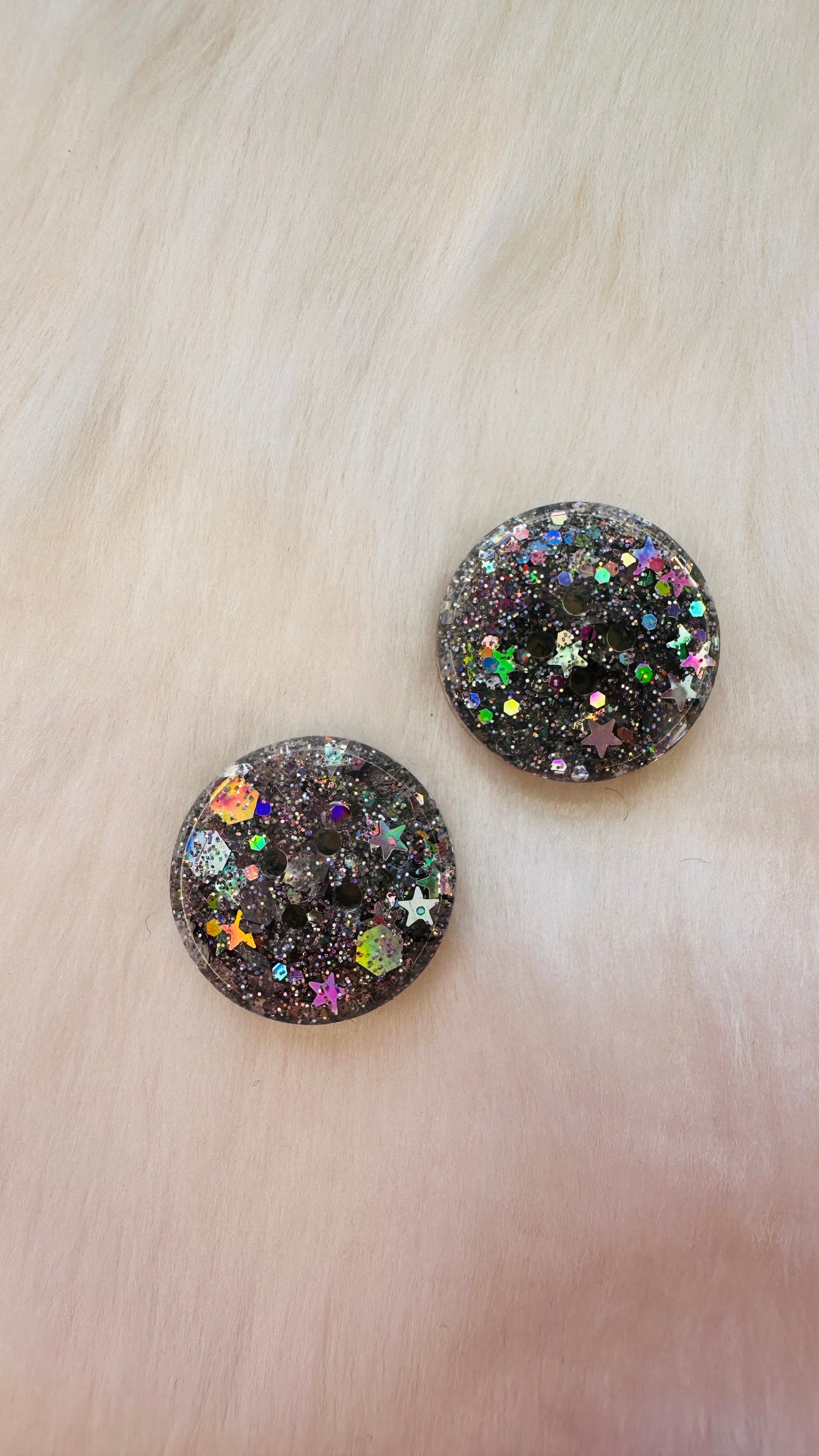 Handmade silver hologram resin buttons with glitter, bright, fun, round, children’s, kids, 1cm, 2cm, 20mm, 15mm, 20mm, 25mm