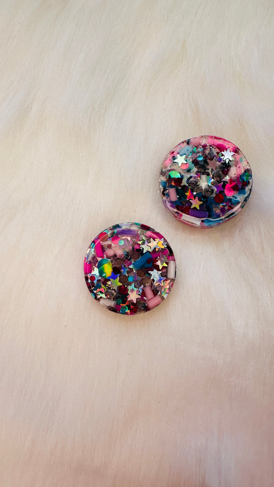 Handmade resin buttons with rainbow sprinkles and stars, bright, fun, round, children’s, kids, 1cm, 2cm, 20mm, 15mm, 20mm, 25mm