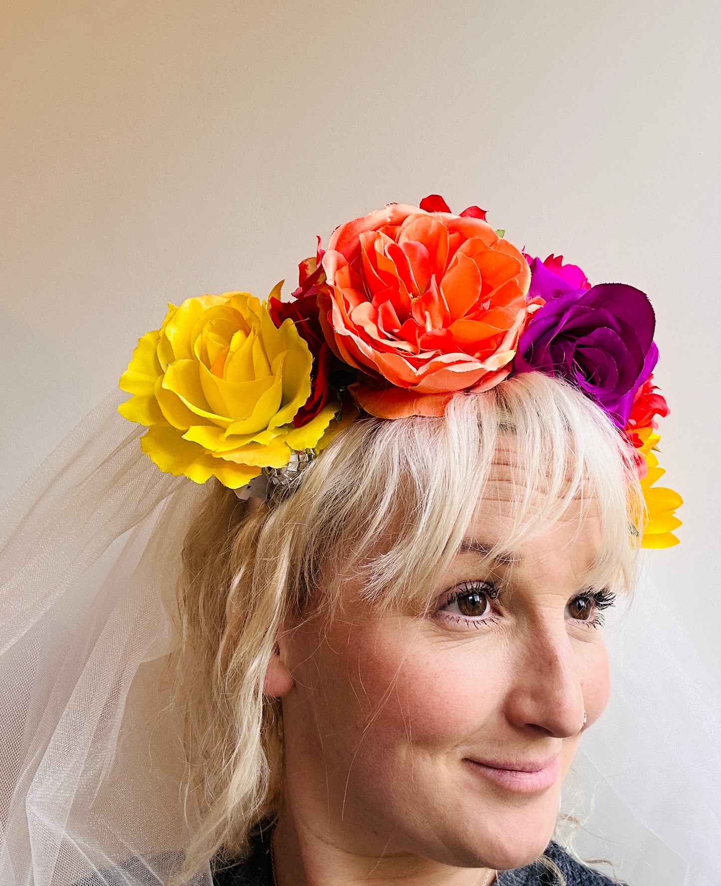 Hen do flower veil disco ball headband with lights! Handmade, sparkly white net, tulle, floral, bright, alternative, bridal, disco, festival