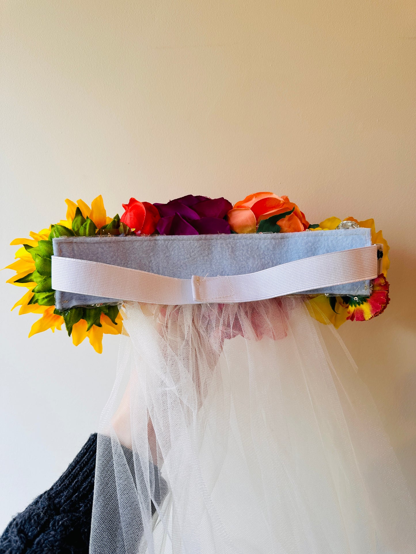 Hen do flower veil disco ball headband with lights! Handmade, sparkly white net, tulle, floral, bright, alternative, bridal, disco, festival