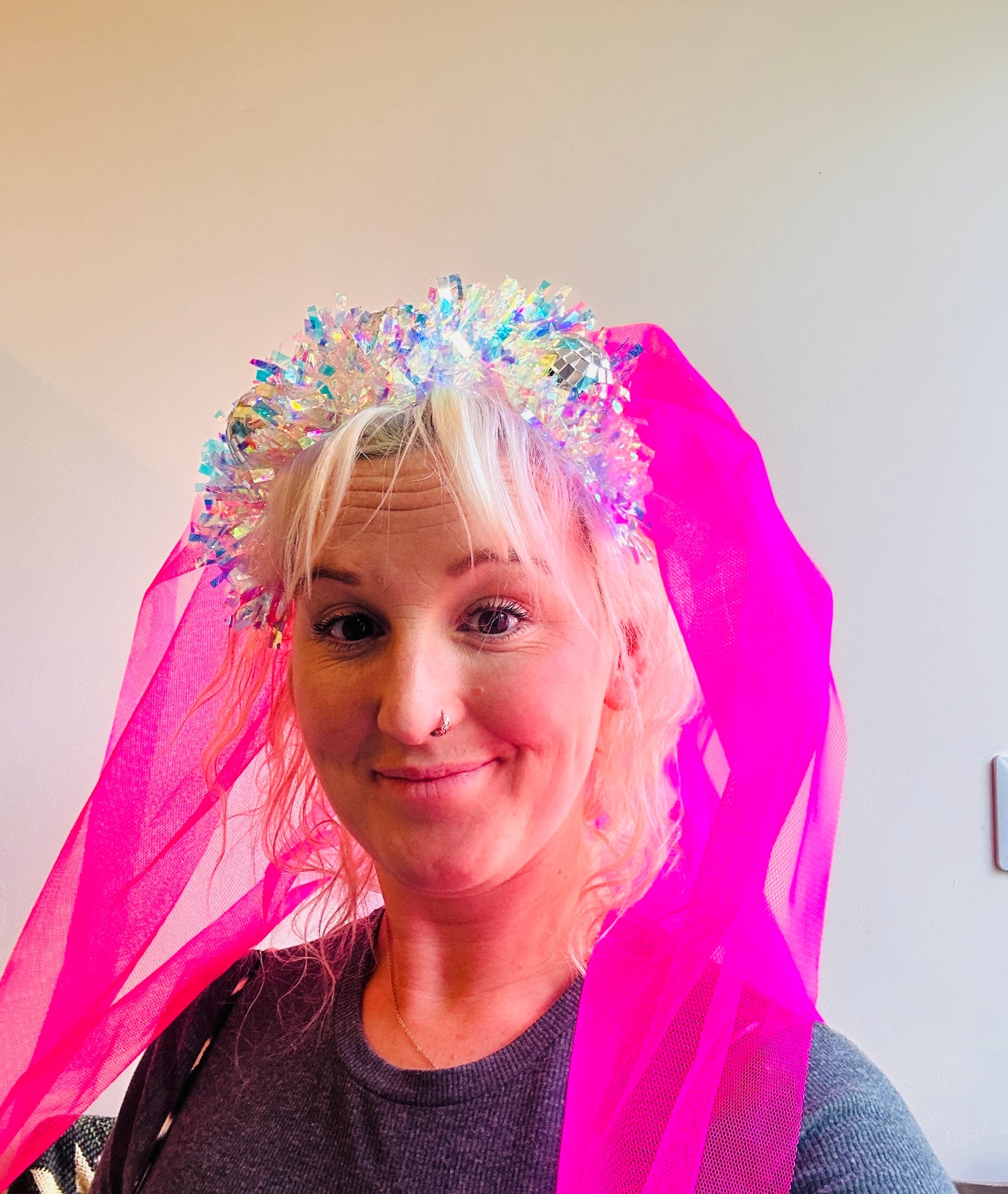 Hen do Disco Time headband! Veil, disco balls, bachelorette, party, bride, wedding, iridescent, bright, alternative, unconventional, glitter