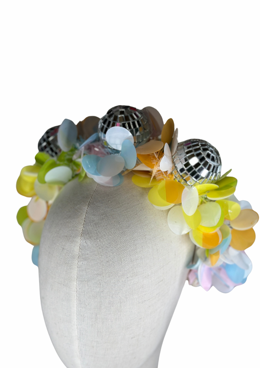 Party time pastel disco headband! Christmas, tinsel, pink, blue, yellow, green, festival.