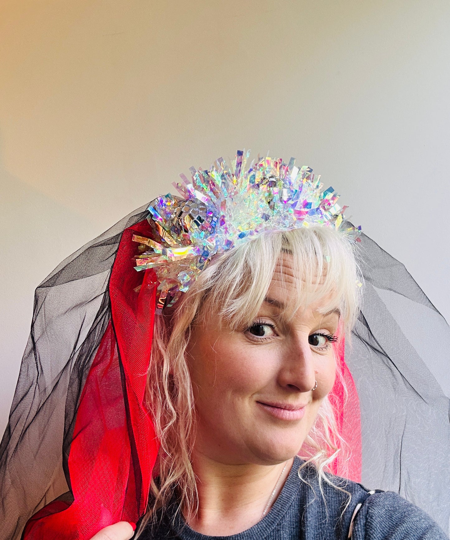 Hen do Disco Time headband! Veil, disco balls, bachelorette, party, bride, wedding, iridescent, bright, alternative, unconventional, glitter