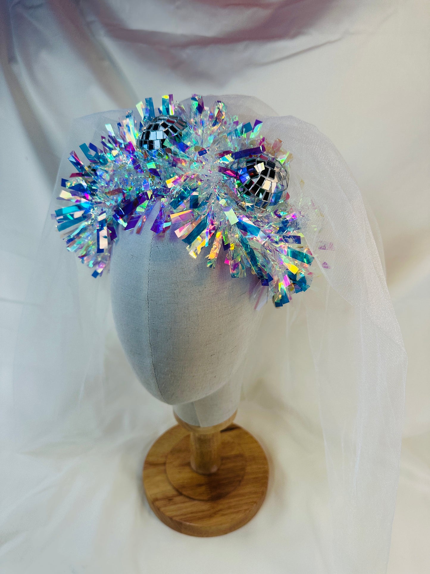 Hen do Disco Time headband! Veil, disco balls, bachelorette, party, bride, wedding, iridescent
