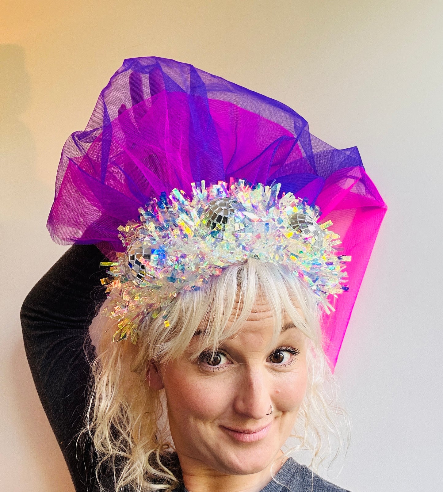 Hen do Disco Time headband! Veil, disco balls, bachelorette, party, bride, wedding, iridescent, bright, alternative, unconventional, glitter