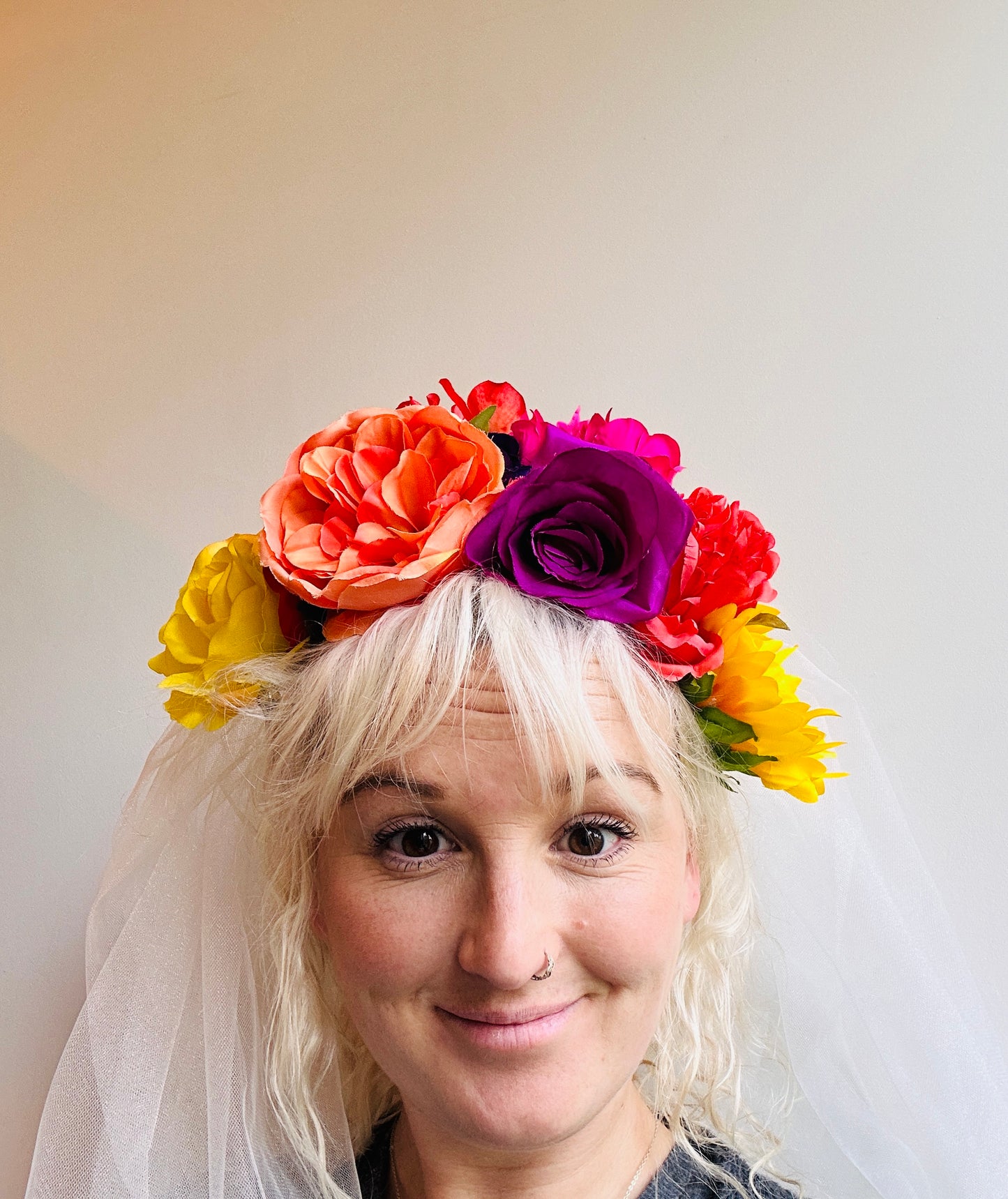 Hen do flower veil disco ball headband with lights! Handmade, sparkly white net, tulle, floral, bright, alternative, bridal, disco, festival