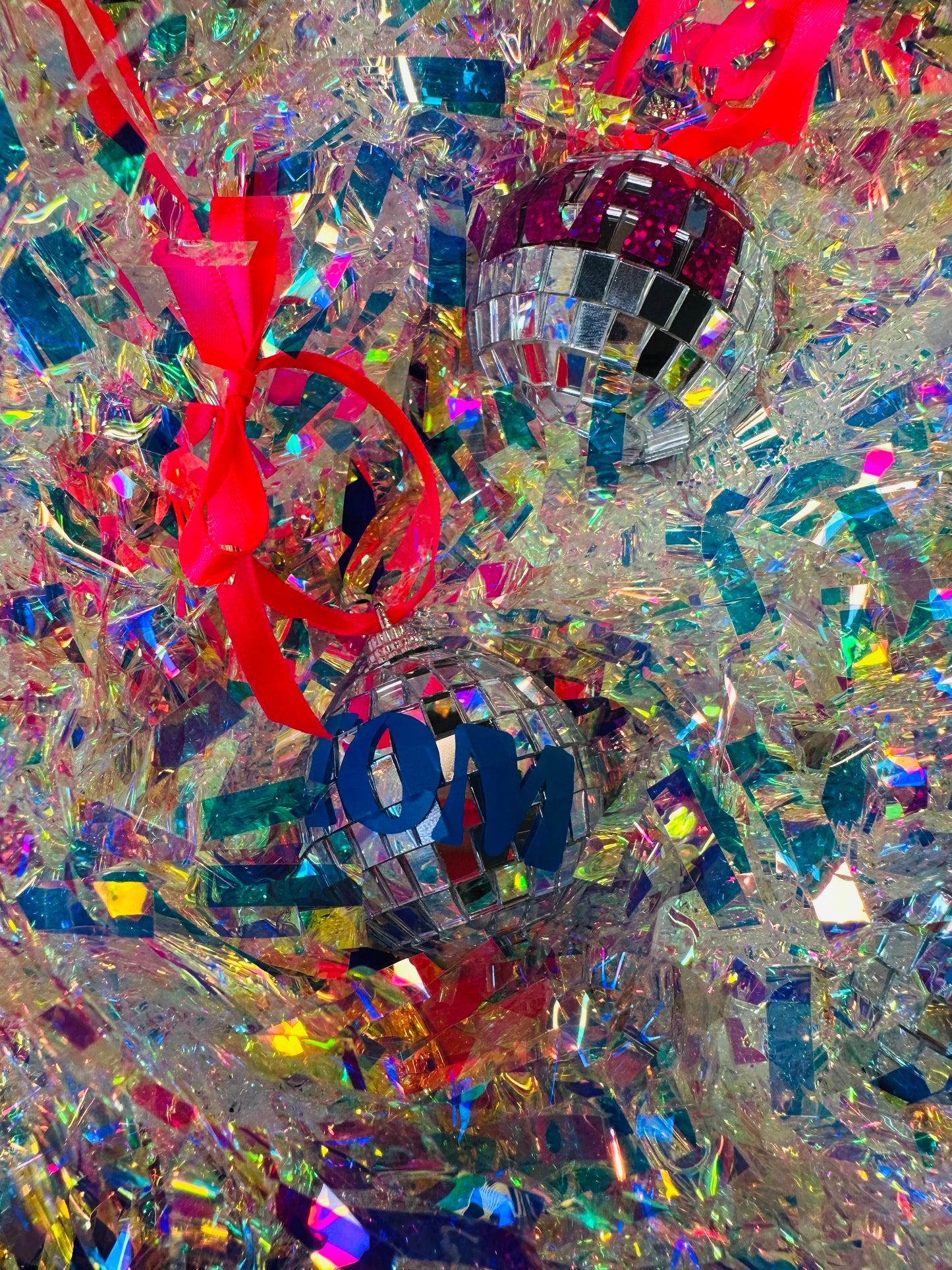 Custom name disco ball bauble, Christmas, decoration, kitsch, neon, handmade, personalised, custom, name