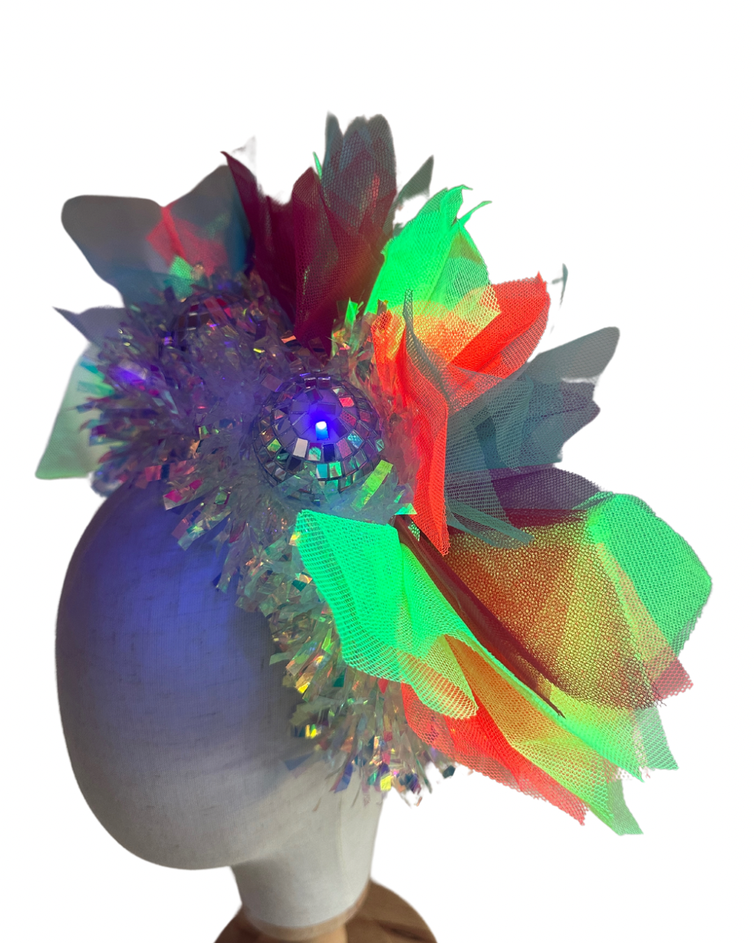 Disco ball net headband with iridescent sparkle - maroon, blue, red, yellow UV
