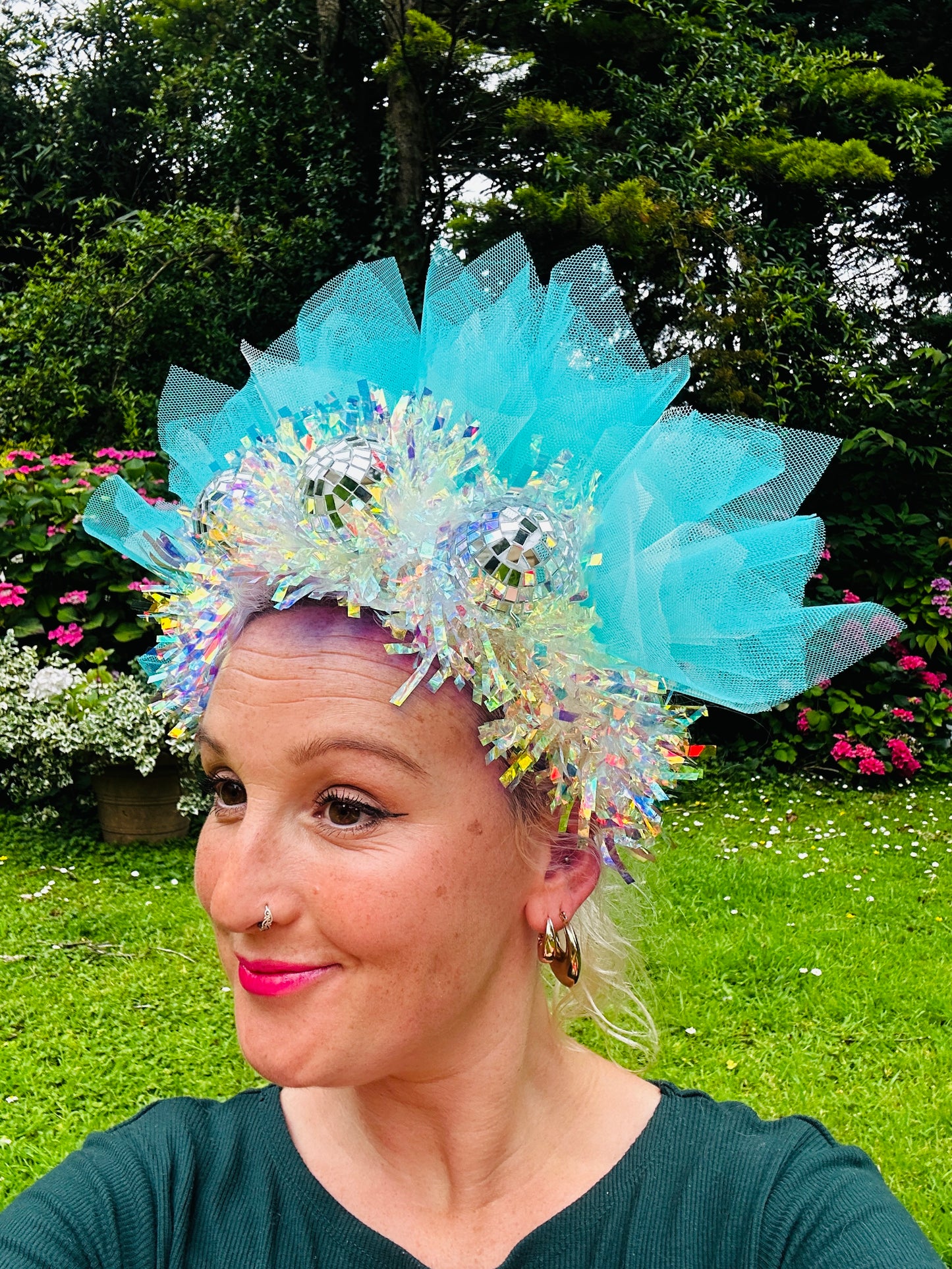 Disco ball blue net headband with iridescent sparkle!