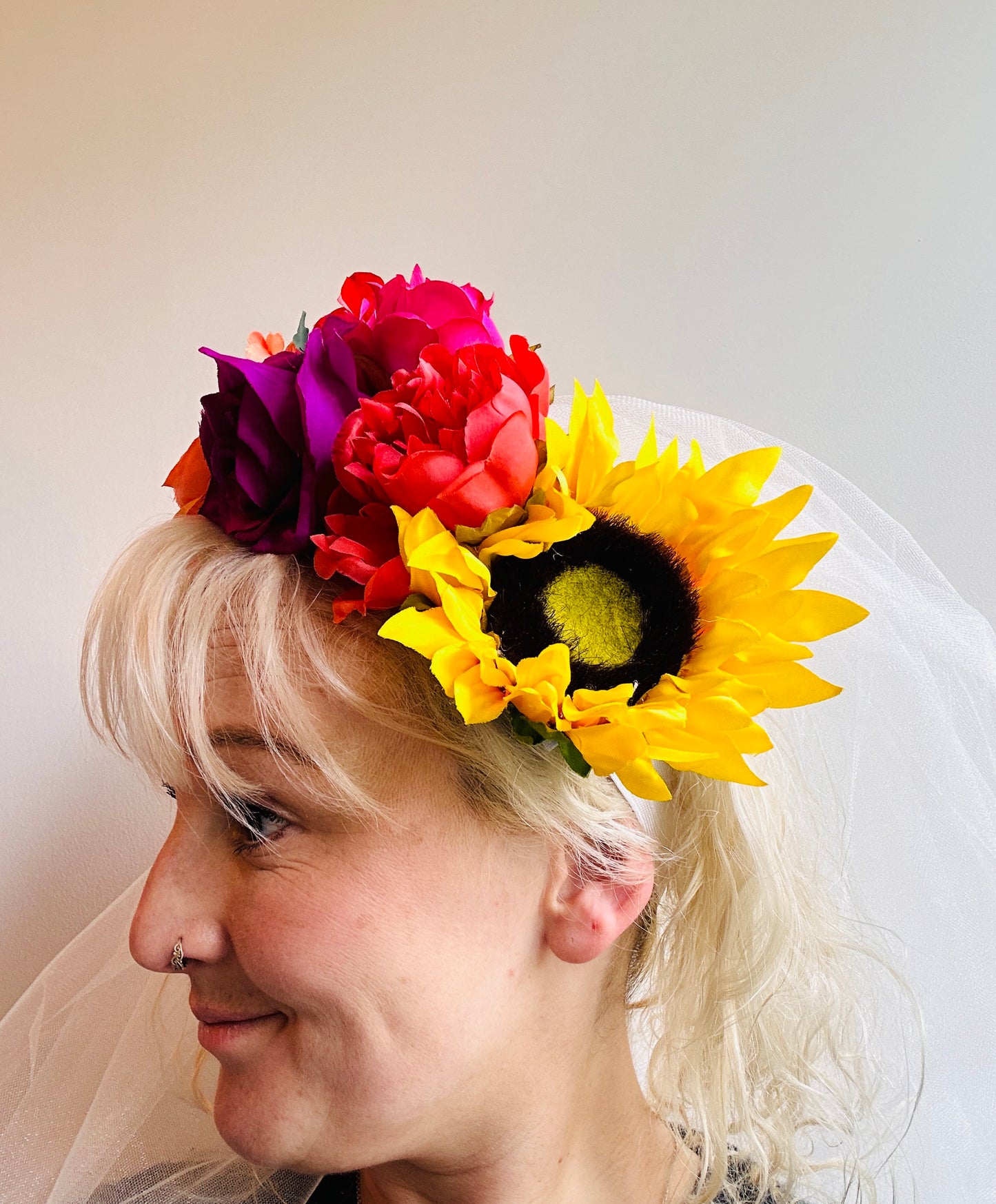 Hen do flower veil disco ball headband with lights! Handmade, sparkly white net, tulle, floral, bright, alternative, bridal, disco, festival