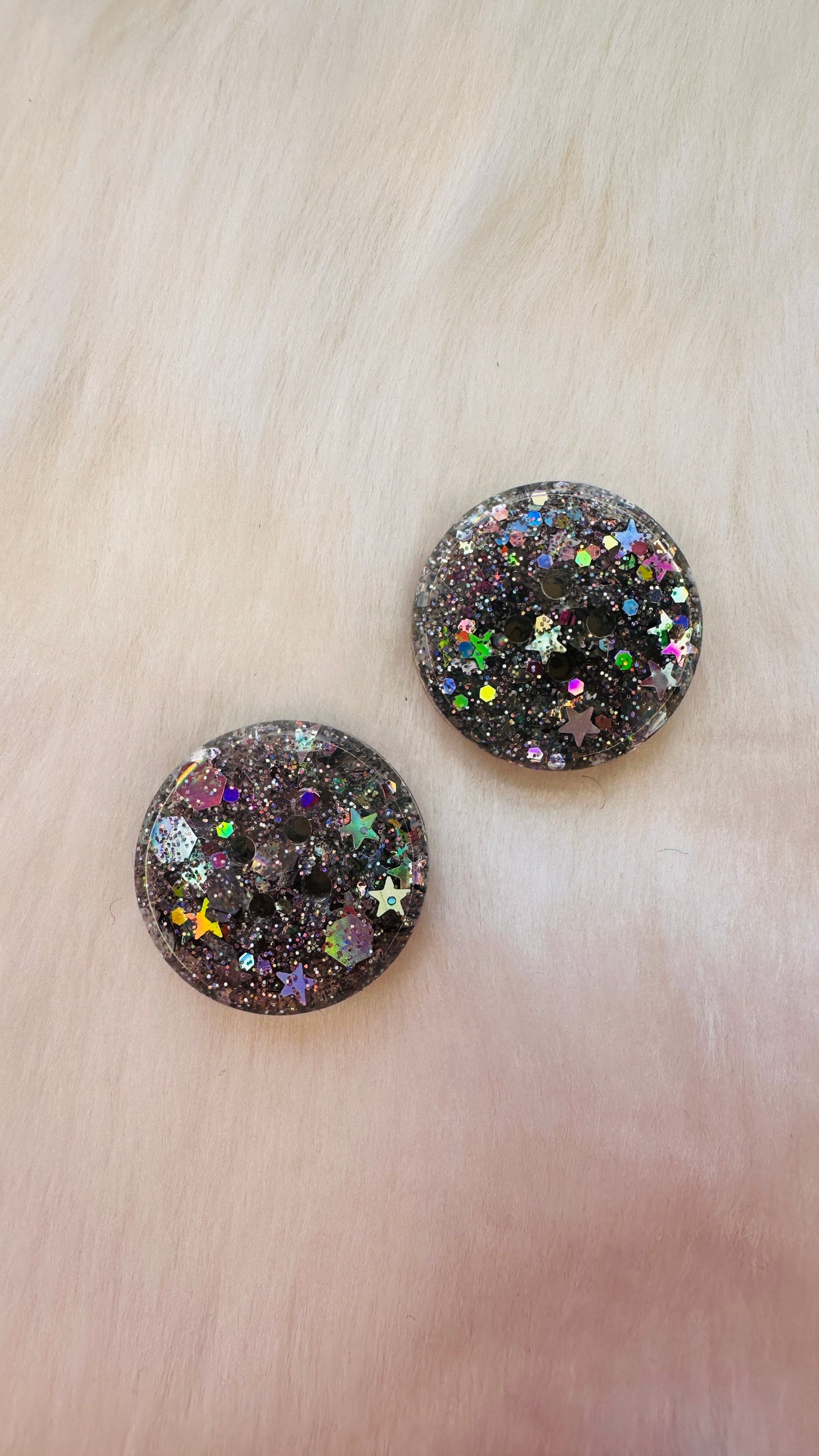 Handmade silver hologram resin buttons with glitter, bright, fun, round, children’s, kids, 1cm, 2cm, 20mm, 15mm, 20mm, 25mm