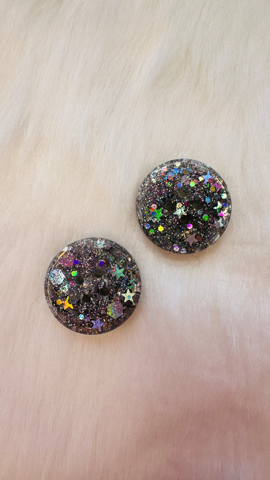 Handmade silver hologram resin buttons with glitter, bright, fun, round, children’s, kids, 1cm, 2cm, 20mm, 15mm, 20mm, 25mm