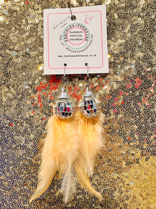 Disco ball feather earrings peach