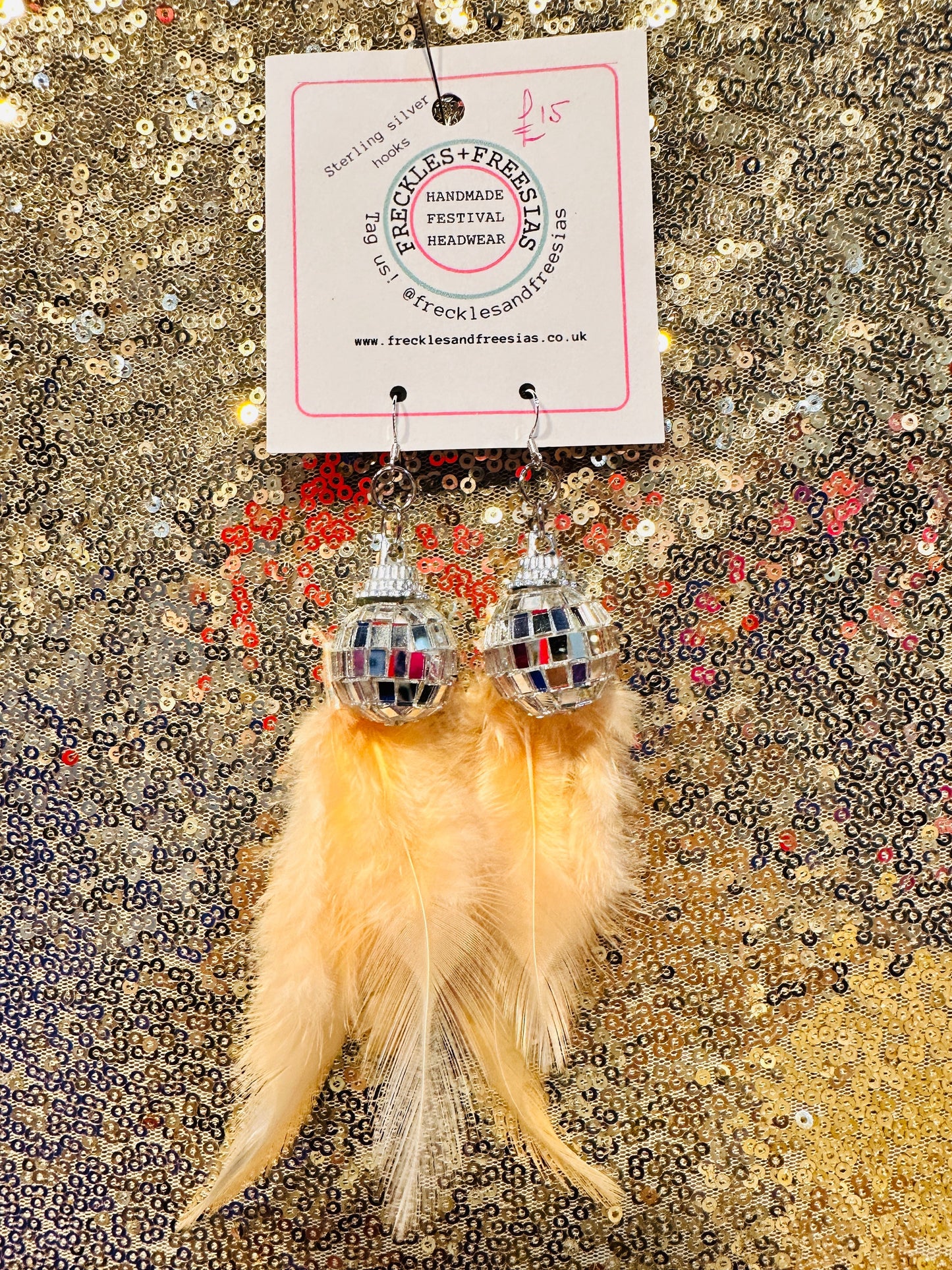 Disco ball feather earrings white