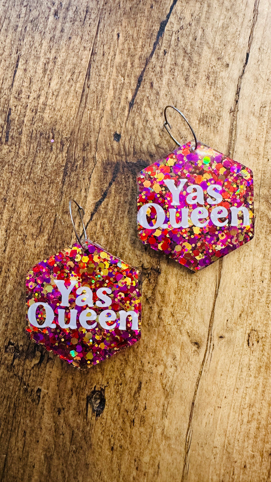 Yas queen handmade earrings! Slogan, pride, sterling silver, sparkle, glitter, statement, clip on, hoops