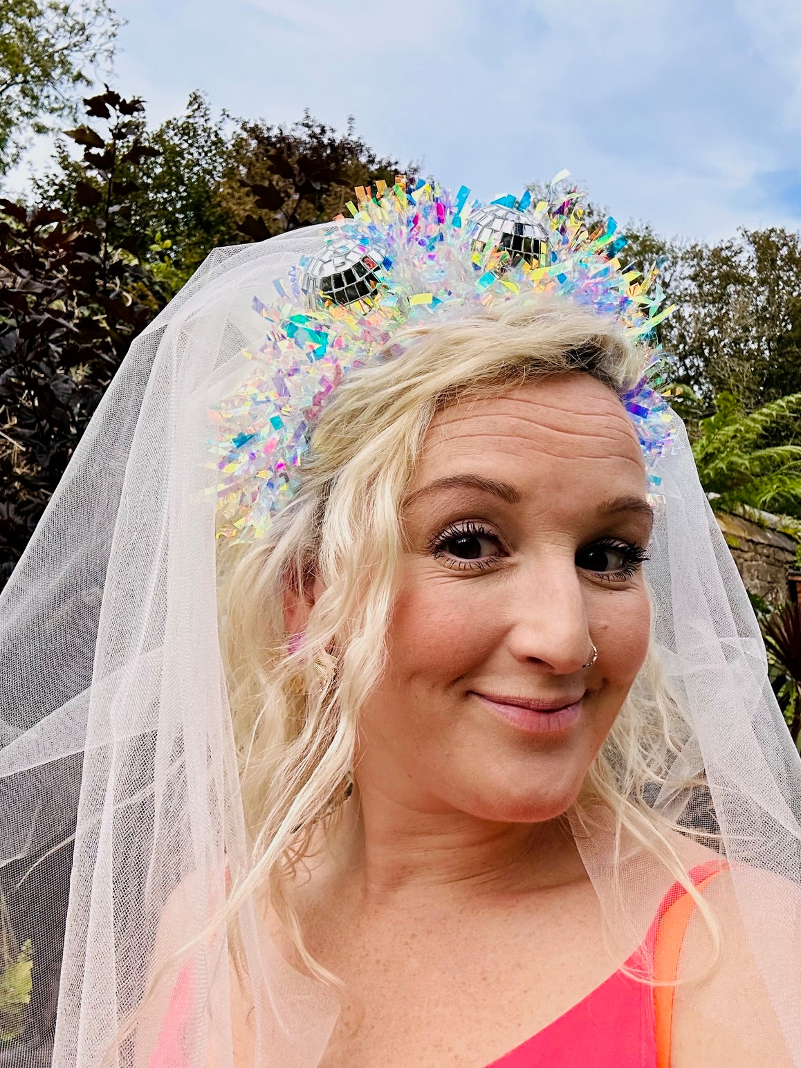 Hen do Disco Time headband! Veil, disco balls, bachelorette, party, bride, wedding, iridescent
