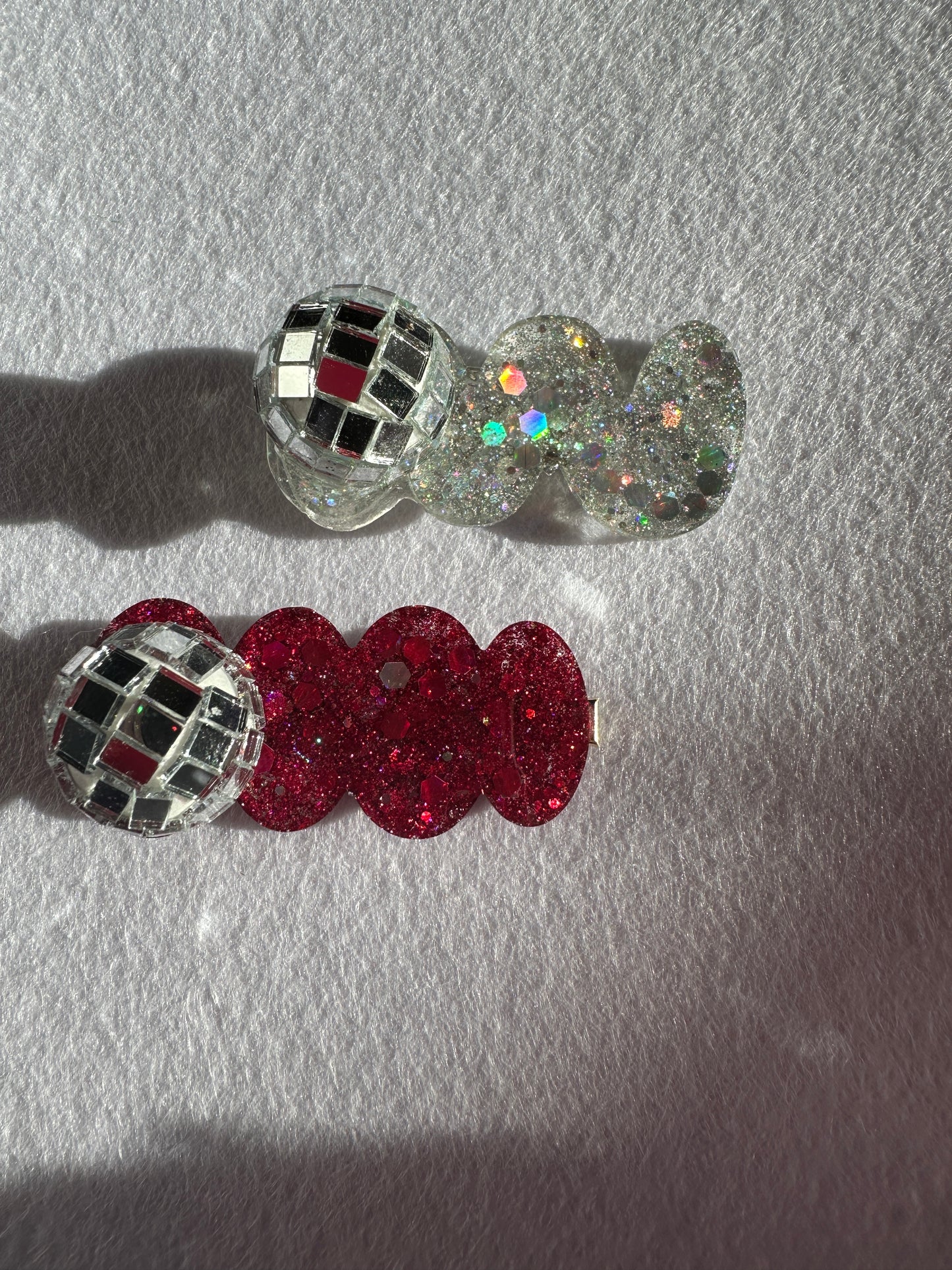 Glitter resin hair clips with mini disco balls, sparkly, holographic, Christmas