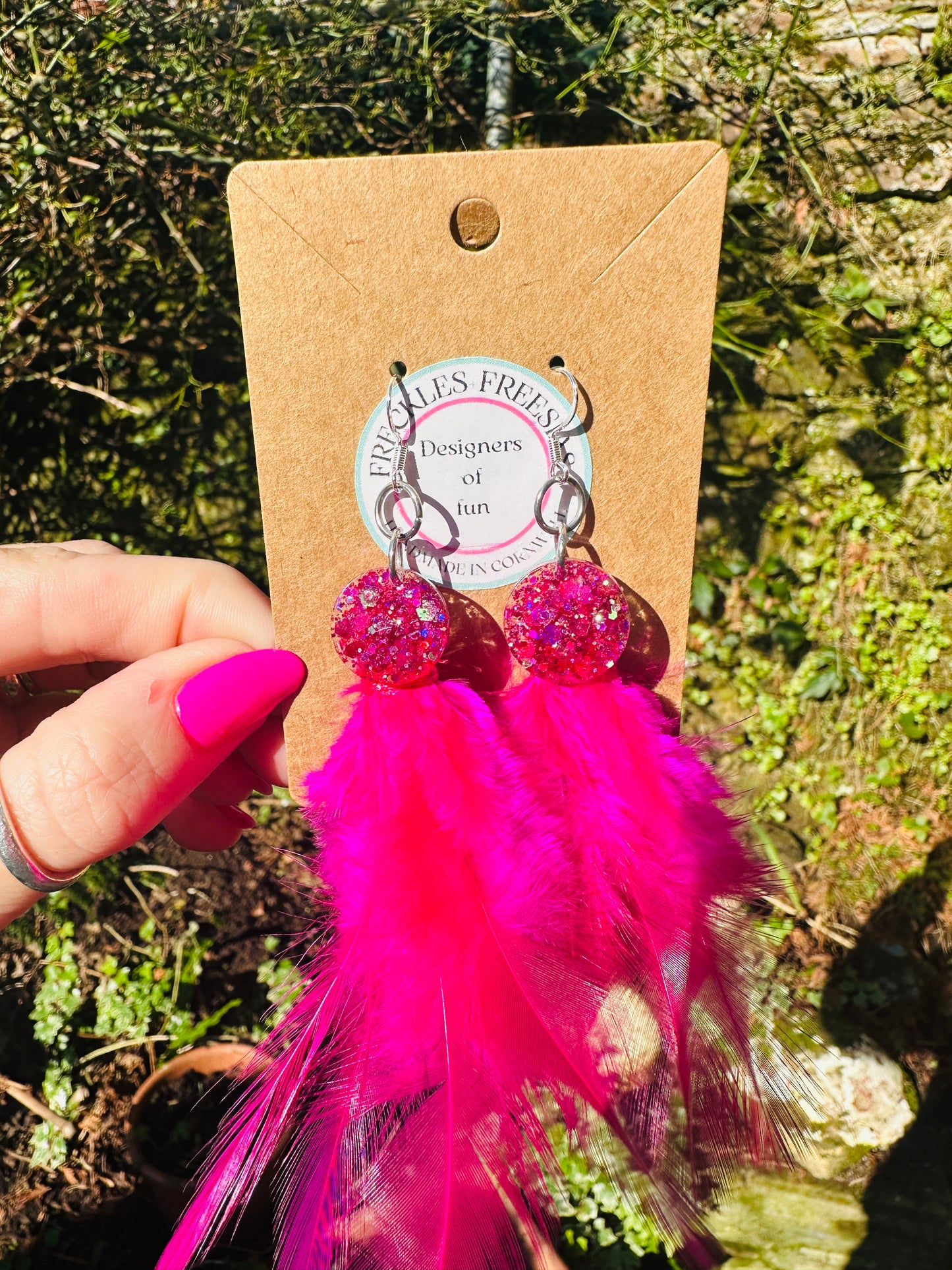 Apollo resin and feather hot pink handmade earrings
