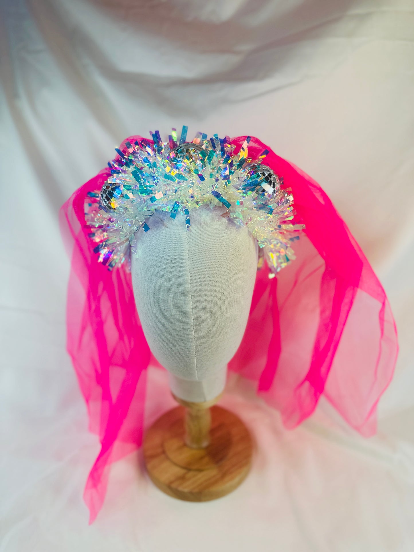 Hen do Disco Time headband! Handmade with pink veil, disco balls, bachelorette, party, bride, wedding, iridescent, bright, alternative, unconventional, glitter, neon, UV