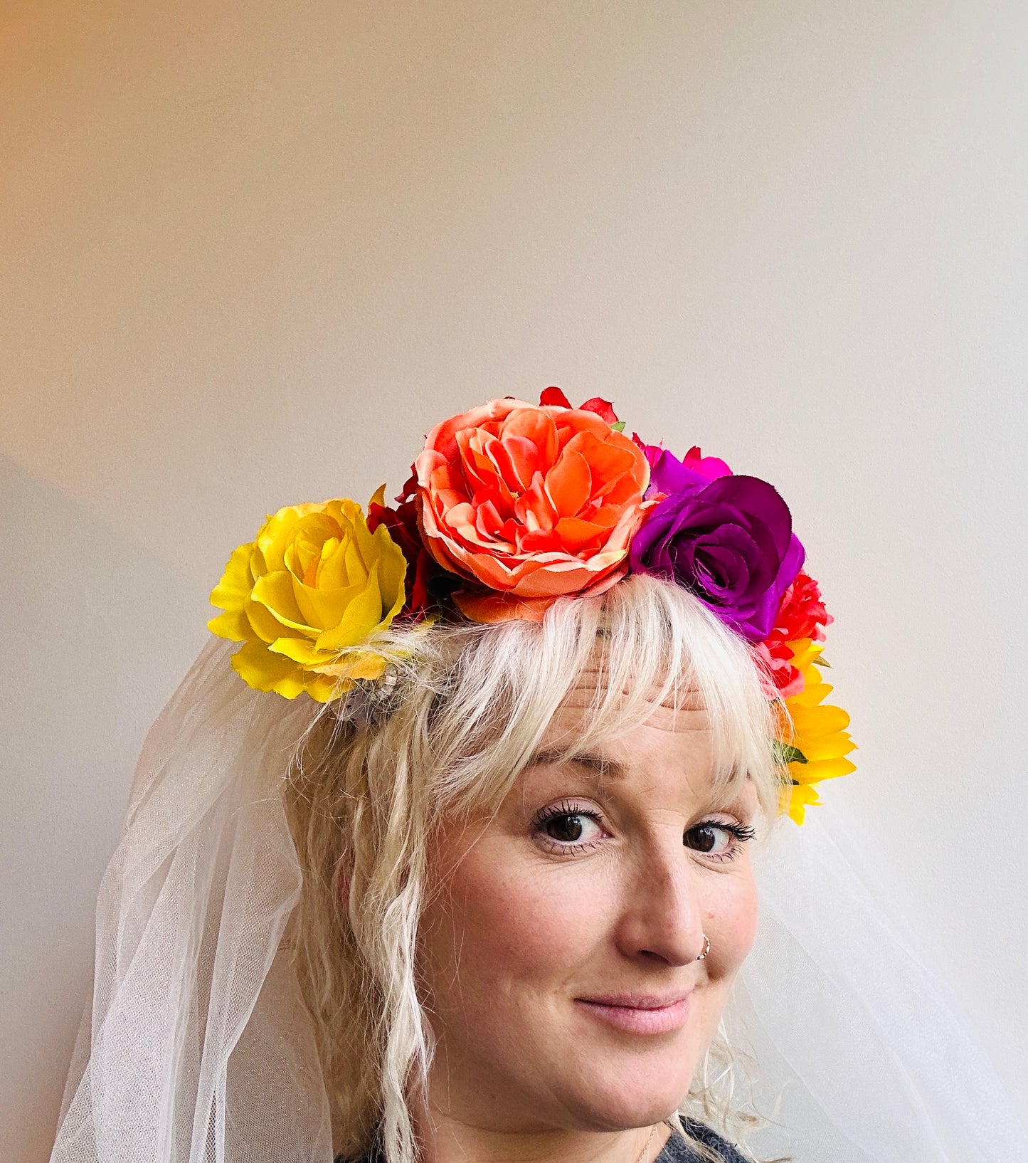 Hen do flower veil disco ball headband with lights! Handmade, sparkly white net, tulle, floral, bright, alternative, bridal, disco, festival