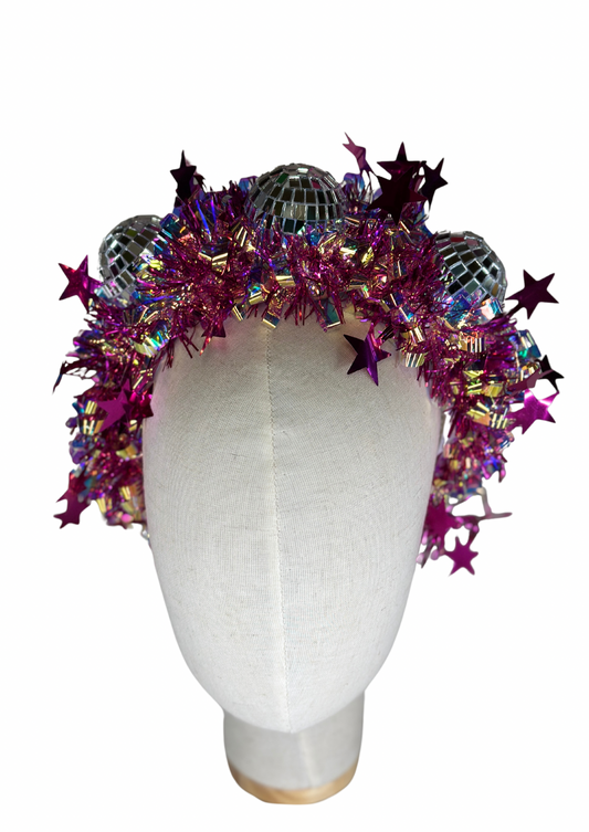 Party time pink star disco headband! Christmas, tinsel, pink, festival