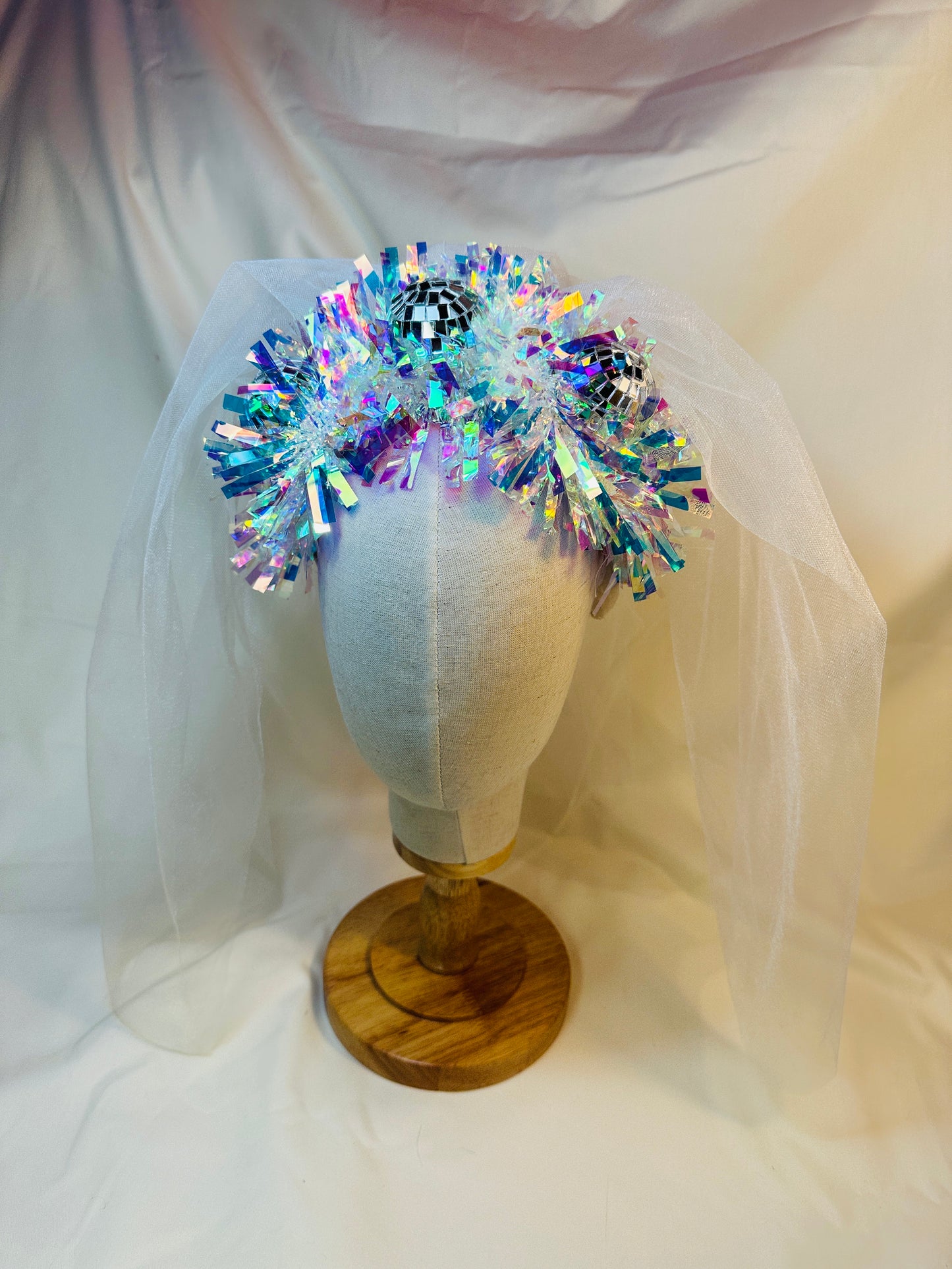 Hen do Disco Time headband! Veil, disco balls, bachelorette, party, bride, wedding, iridescent