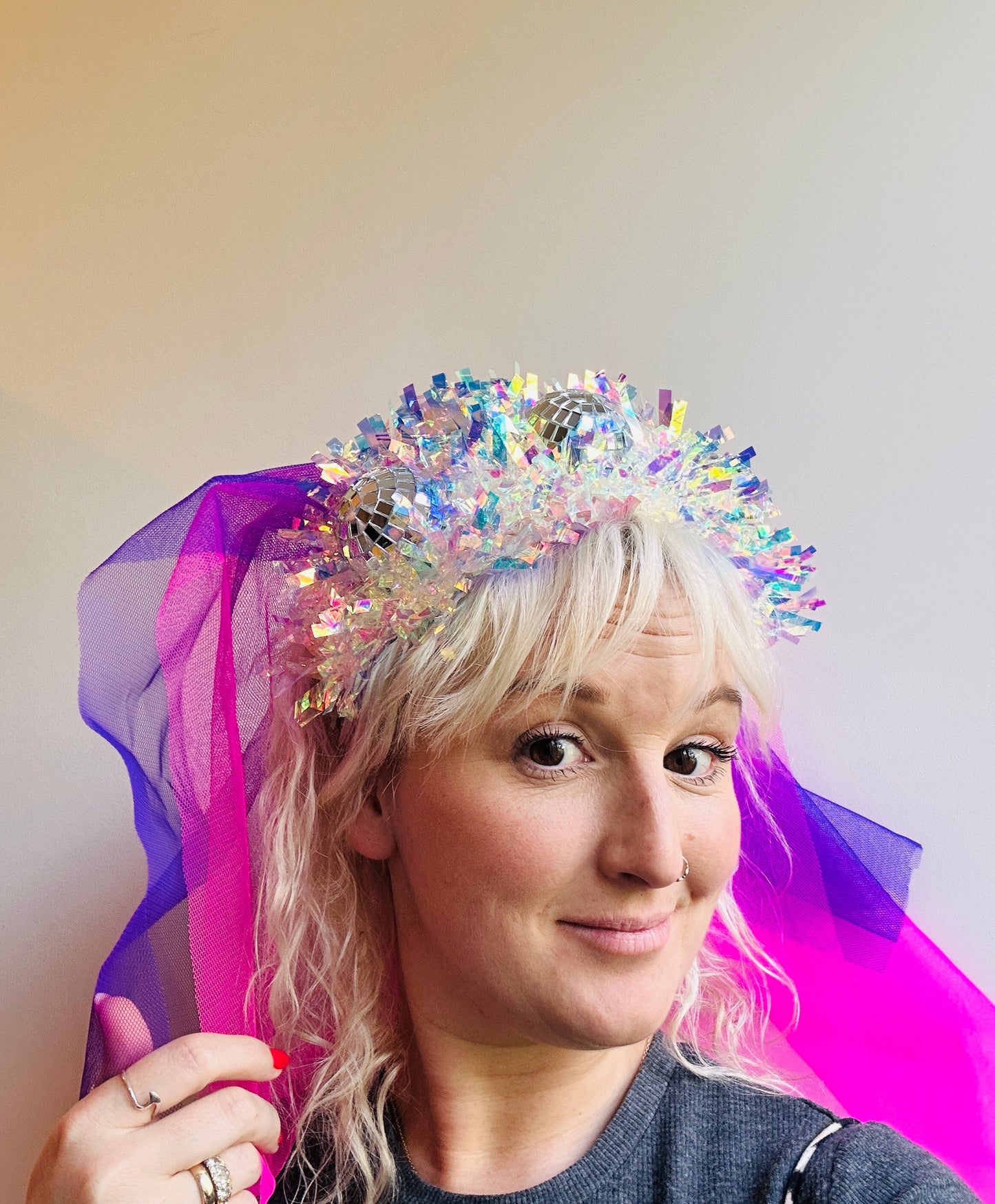 Hen do Disco Time headband! Veil, disco balls, bachelorette, party, bride, wedding, iridescent, bright, alternative, unconventional, glitter