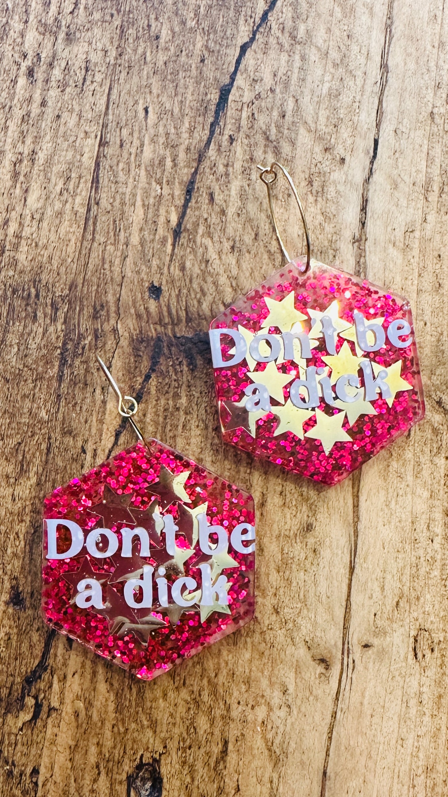 Handmade don’t be a d*ck earrings! Sterling silver, glitter, sparkle, rude, adult, mature, offensive, sweaty