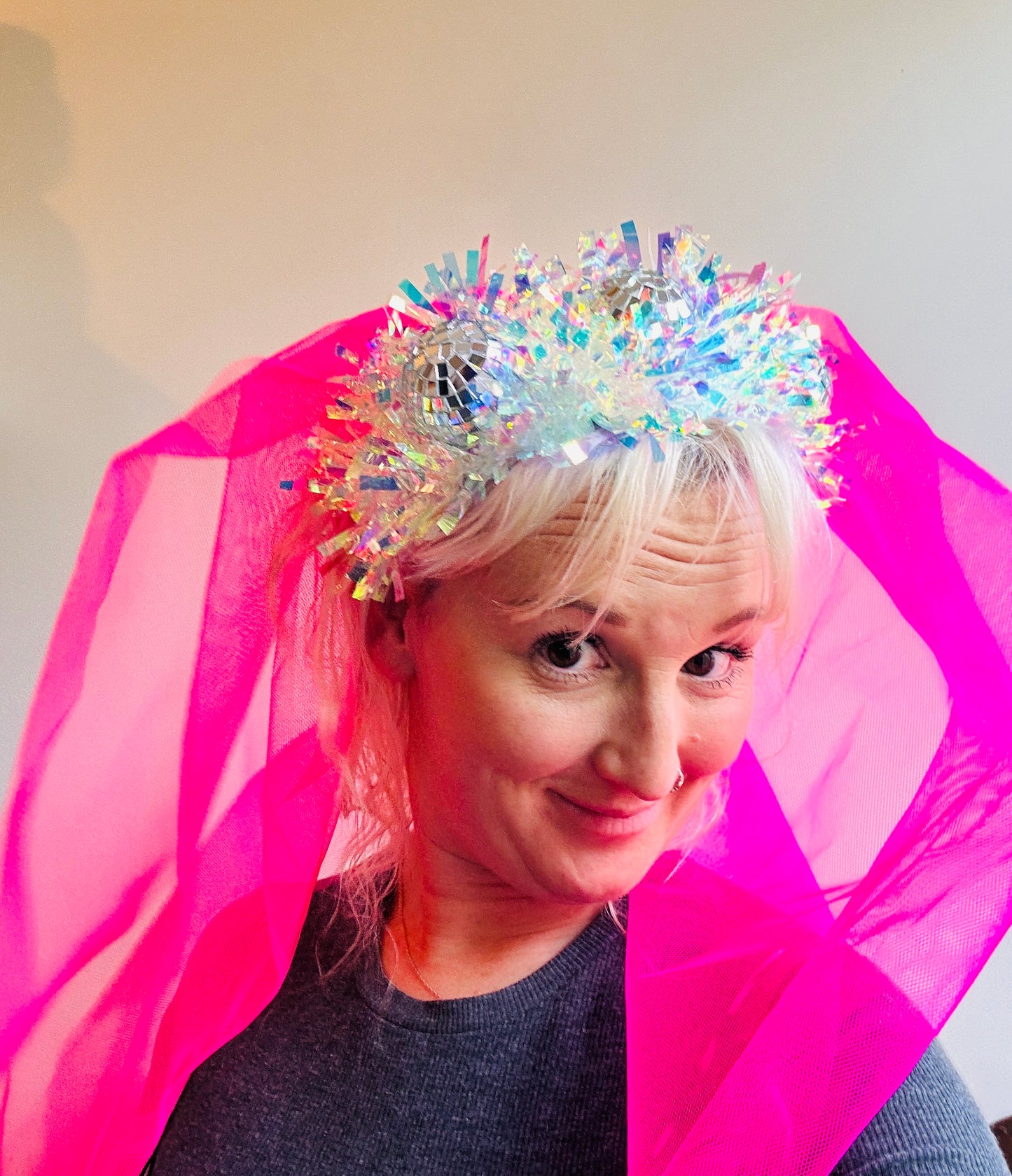 Hen do Disco Time headband! Veil, disco balls, bachelorette, party, bride, wedding, iridescent, bright, alternative, unconventional, glitter