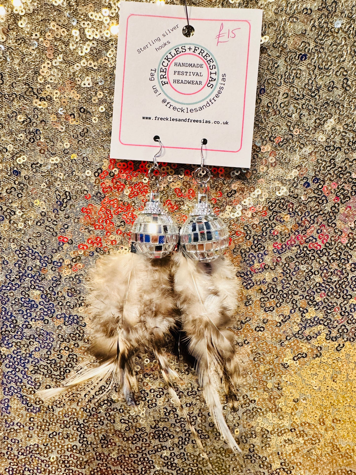 Disco ball feather earrings white