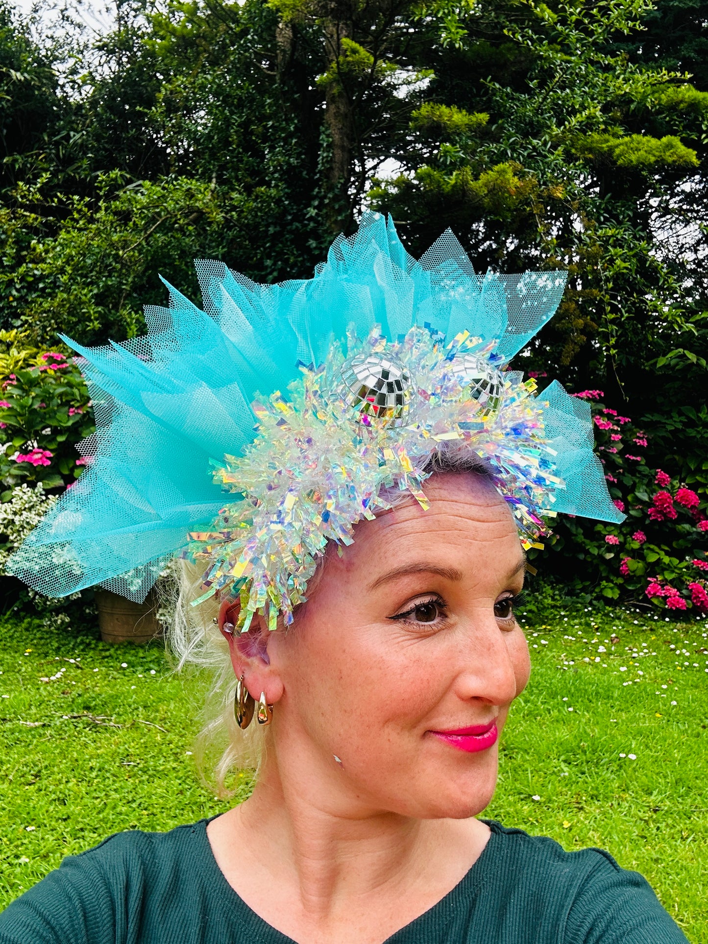 Disco ball blue net headband with iridescent sparkle!