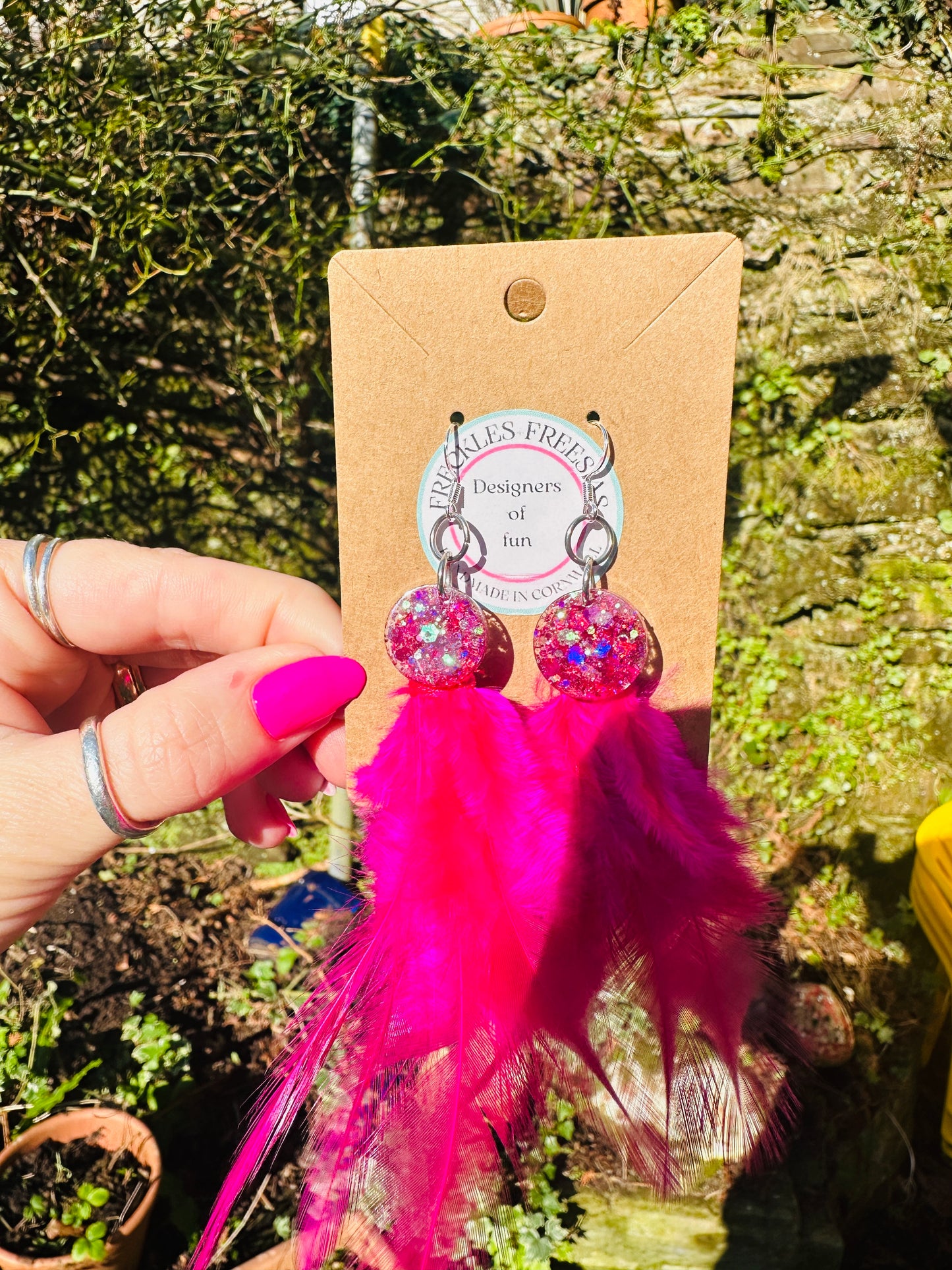 Apollo resin and feather hot pink handmade earrings