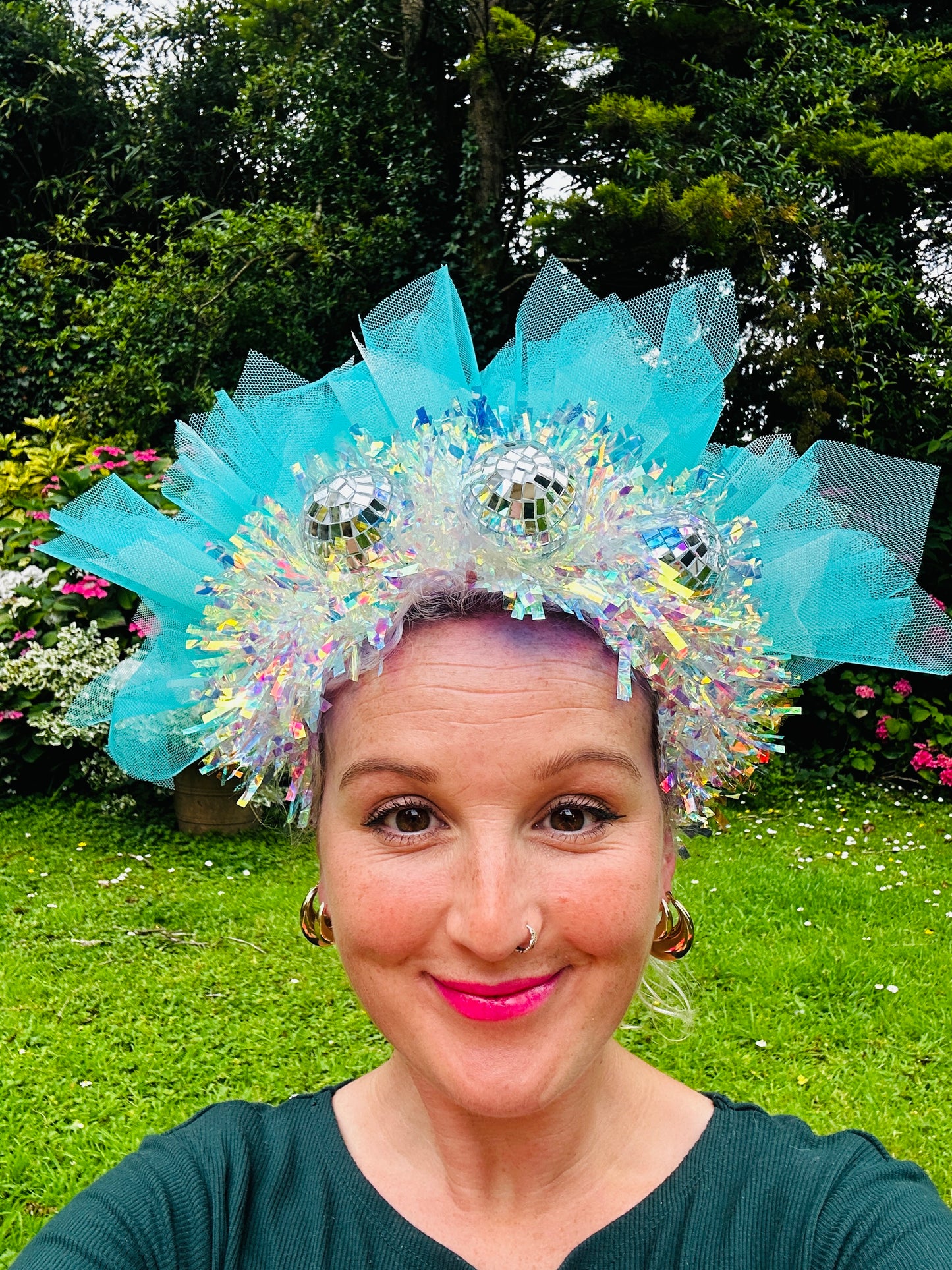 Disco ball blue net headband with iridescent sparkle!