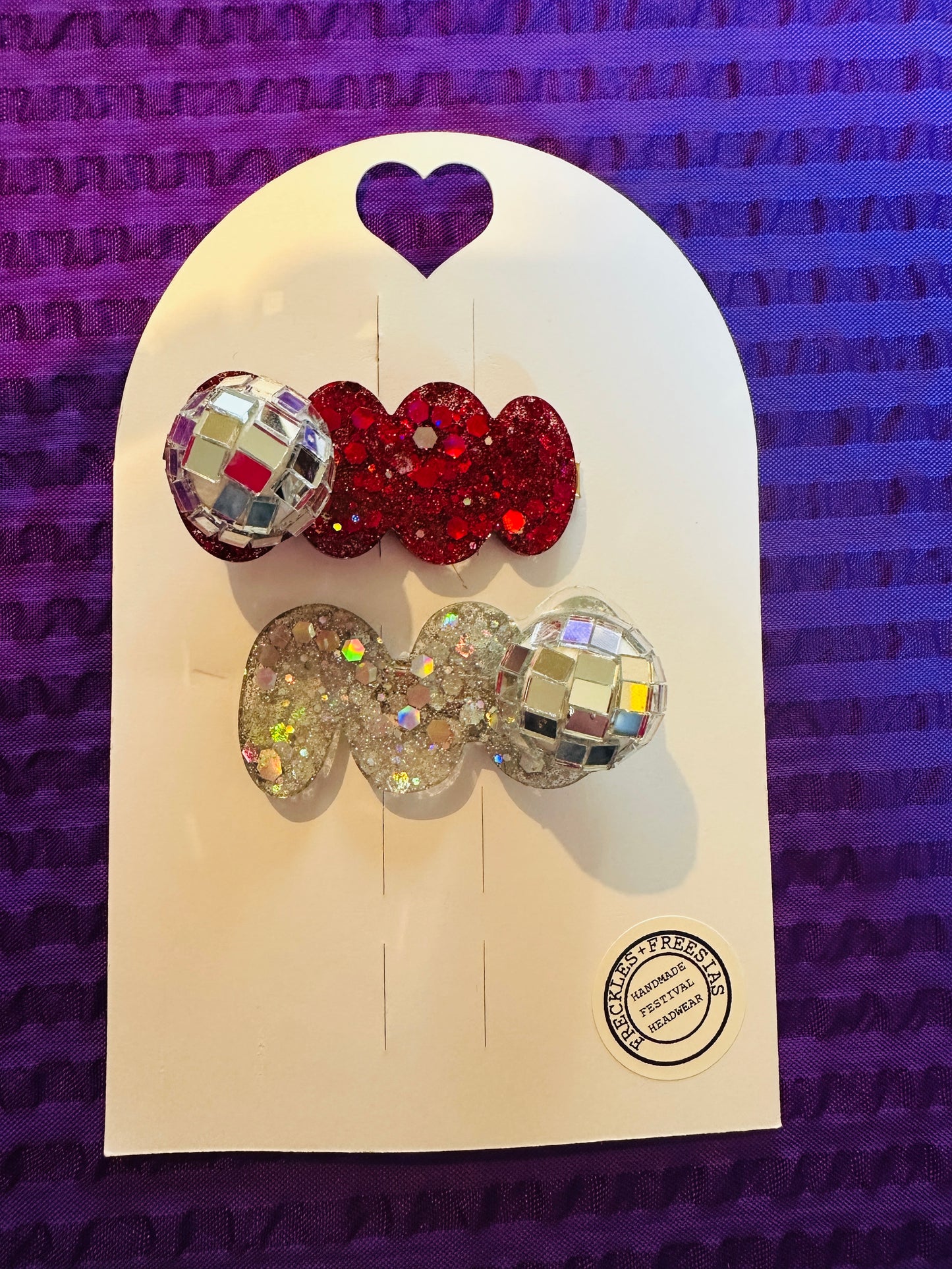 Glitter resin hair clips with mini disco balls, sparkly, holographic, Christmas