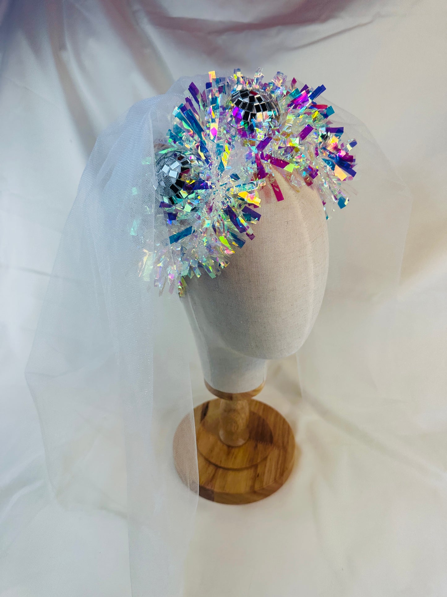 Hen do Disco Time headband! Veil, disco balls, bachelorette, party, bride, wedding, iridescent