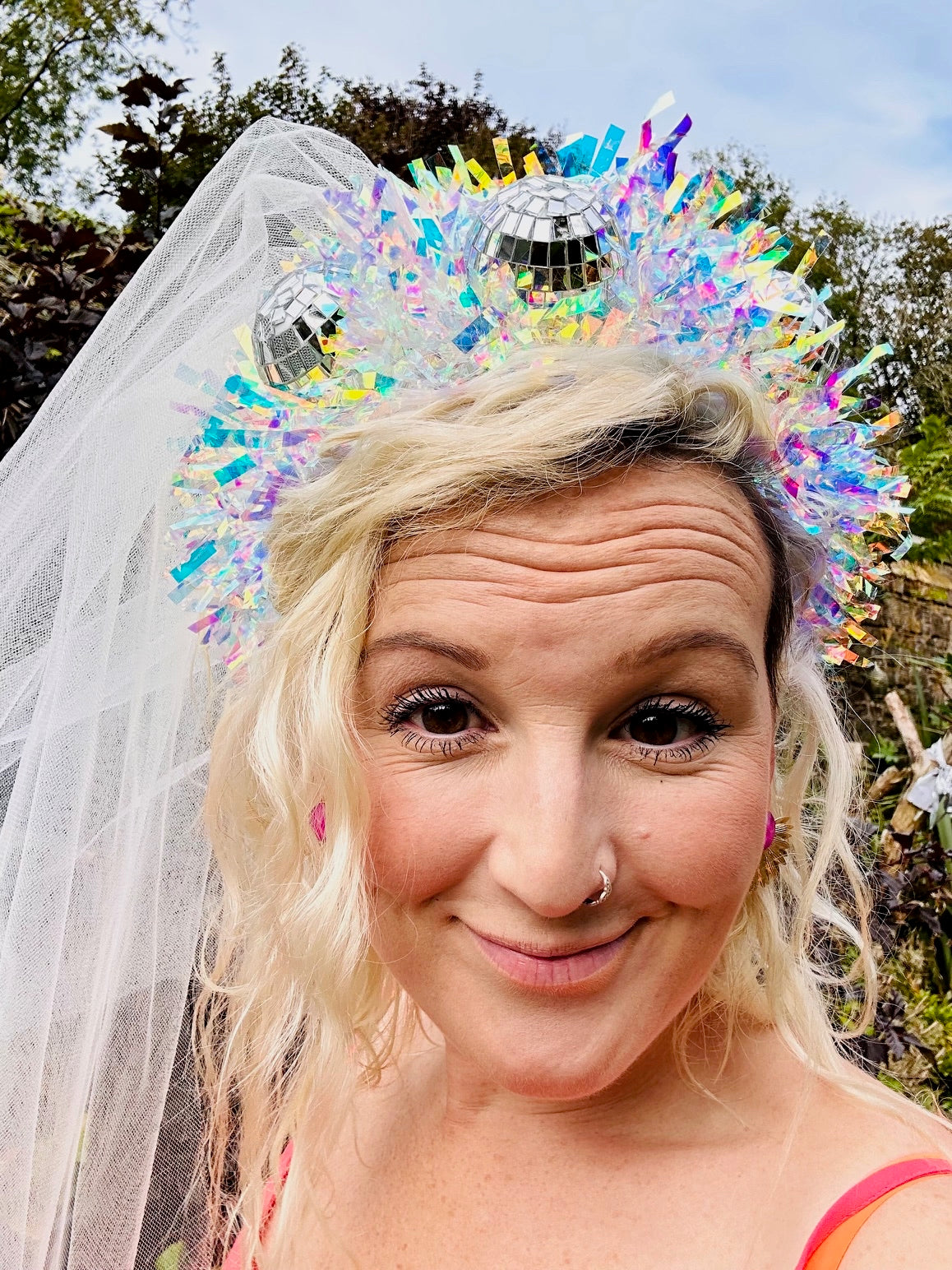 Hen do Disco Time headband! Veil, disco balls, bachelorette, party, bride, wedding, iridescent